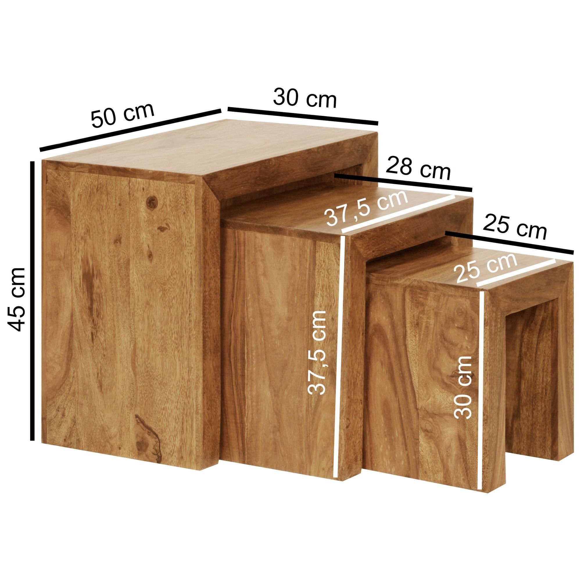 Akazie Wohnzimmertisch, Kleiner Satztisch Couchtisch WL1.440 Set (Beistelltisch 3er Sofatisch Modern), Massivholz Wohnling