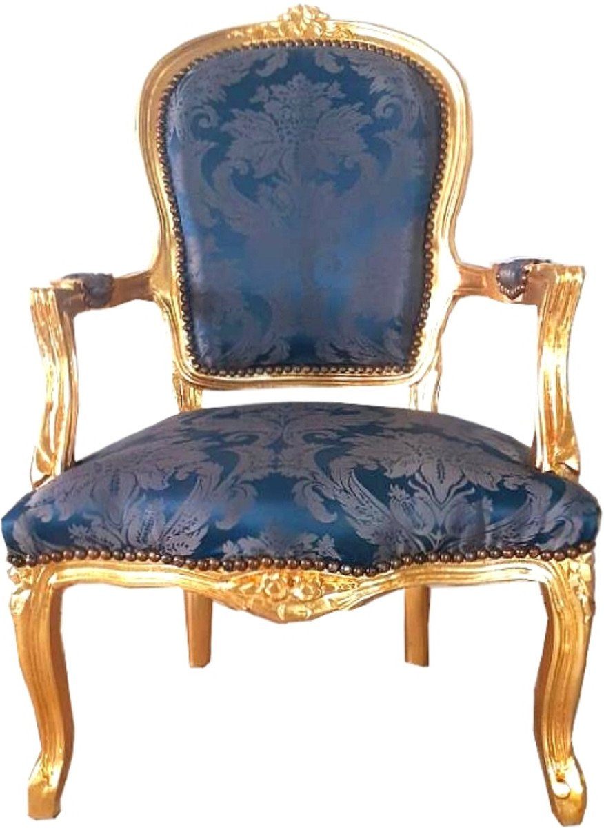 Casa Padrino Besucherstuhl Barock Salon Stuhl Royalblau Muster / Gold 60 x 50 x H. 93 cm - Handgefertigter Antik Stil Stuhl mit edlem Satinstoff - Möbel im Barockstil