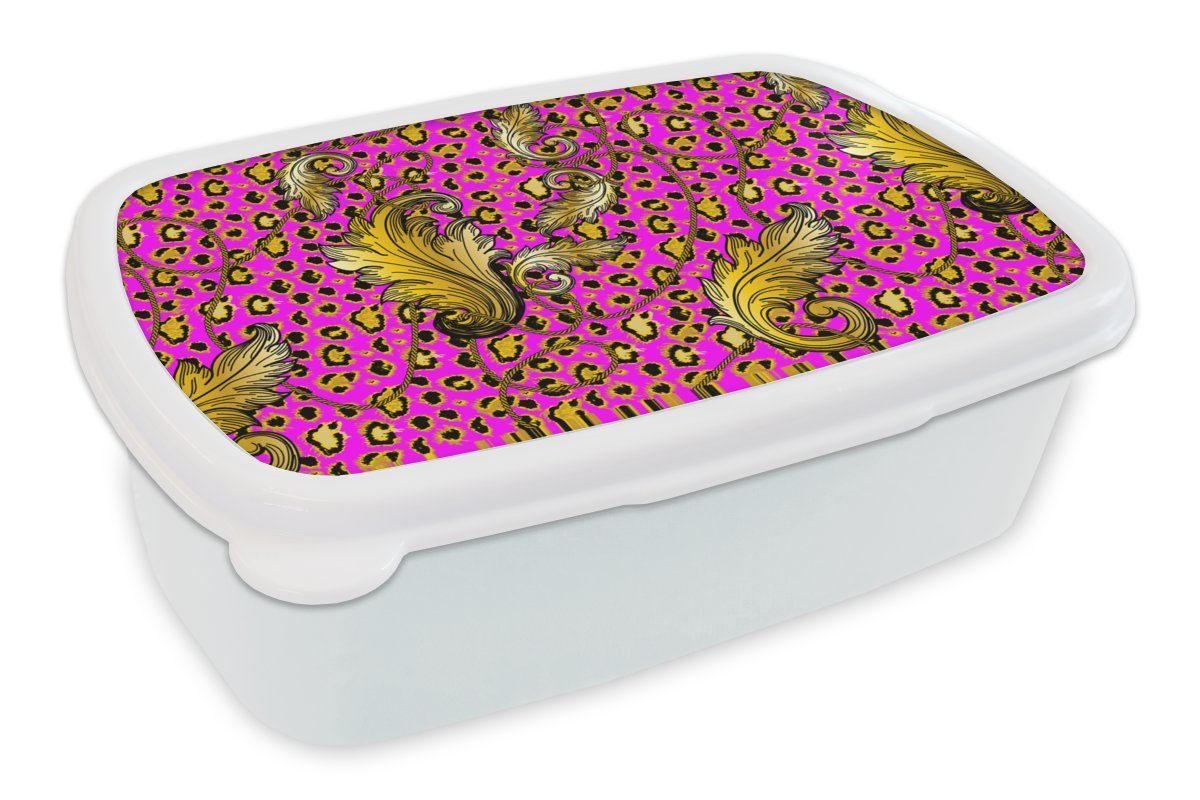 MuchoWow Lunchbox Barock - Panther - Gold - Muster, Kunststoff, (2-tlg), Brotbox für Kinder und Erwachsene, Brotdose, für Jungs und Mädchen weiß