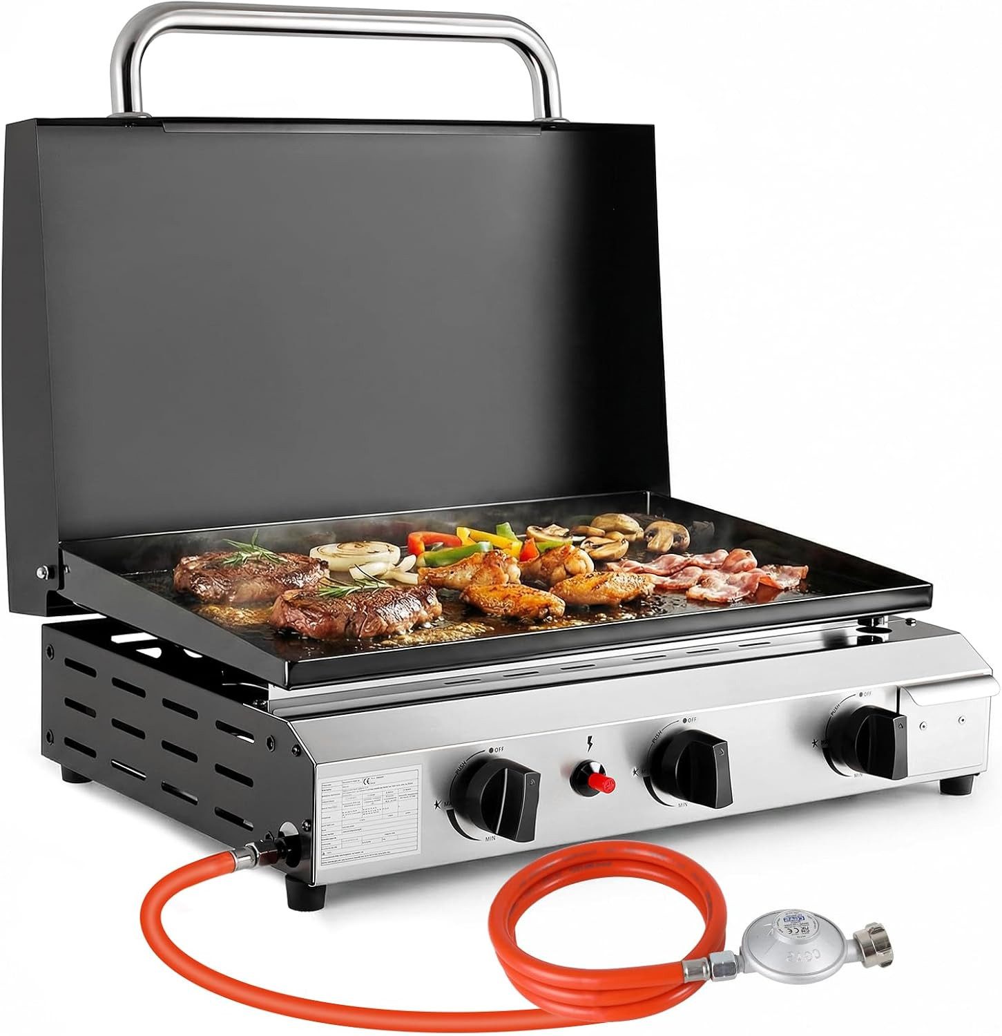 TLGREEN Gasgrill Tragbarer Tischgasgrill mit Deckel, 3 Edelstahl Brenner 7.2KW, 58×35cm Emaille Antihaft Grillplatte, Camping Gasgrill mit Piezo-Zündung & Fettauffangschale, Balkongrill für Terrasse Garten Picknick BBQ