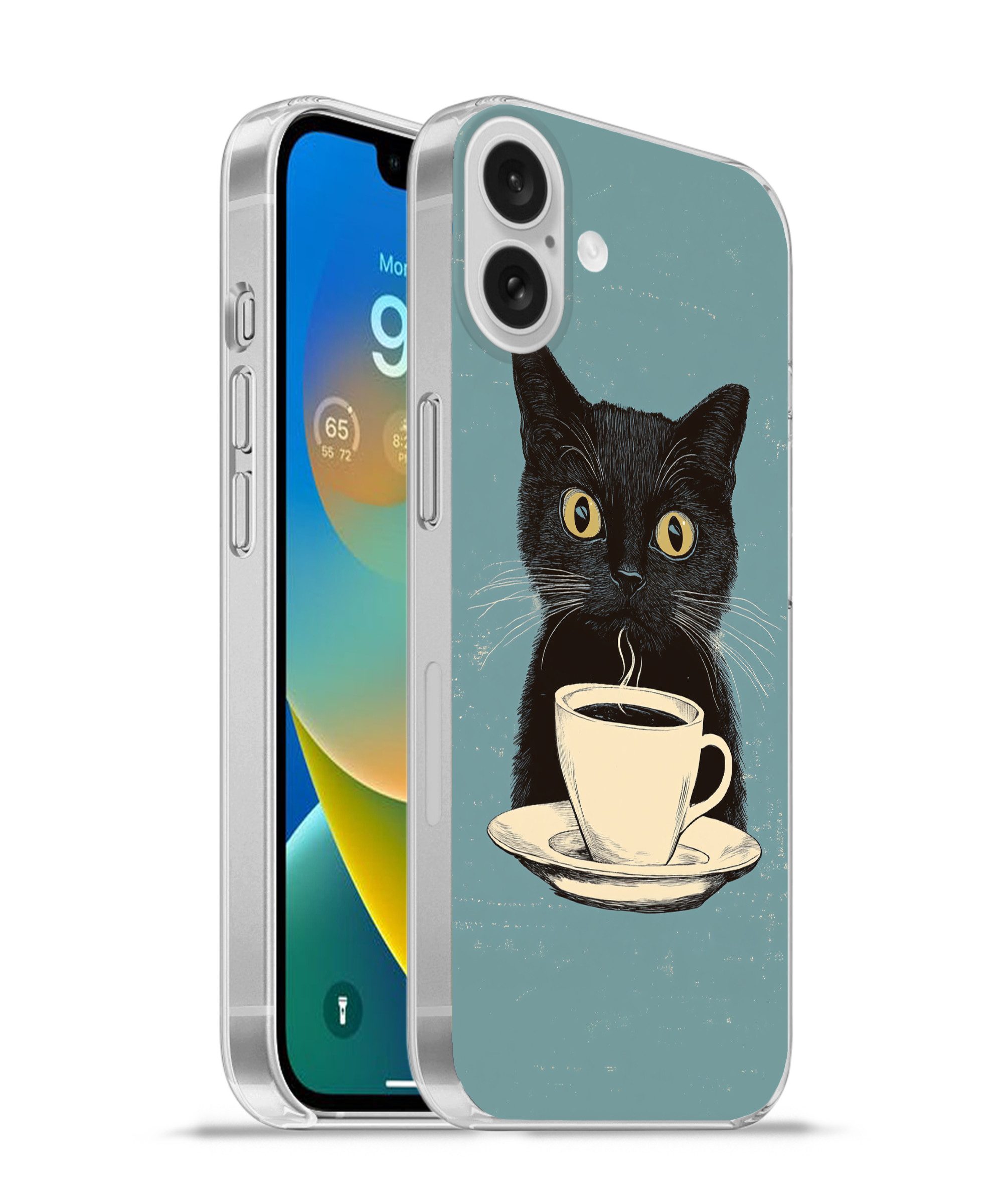 MuchoWow Handyhülle für Apple iPhone 16 Plus Katze - Schwarz - Kaffee - Minimalistisch, Smartphone-Bumper, Print, Handy Schutzhülle Dünn