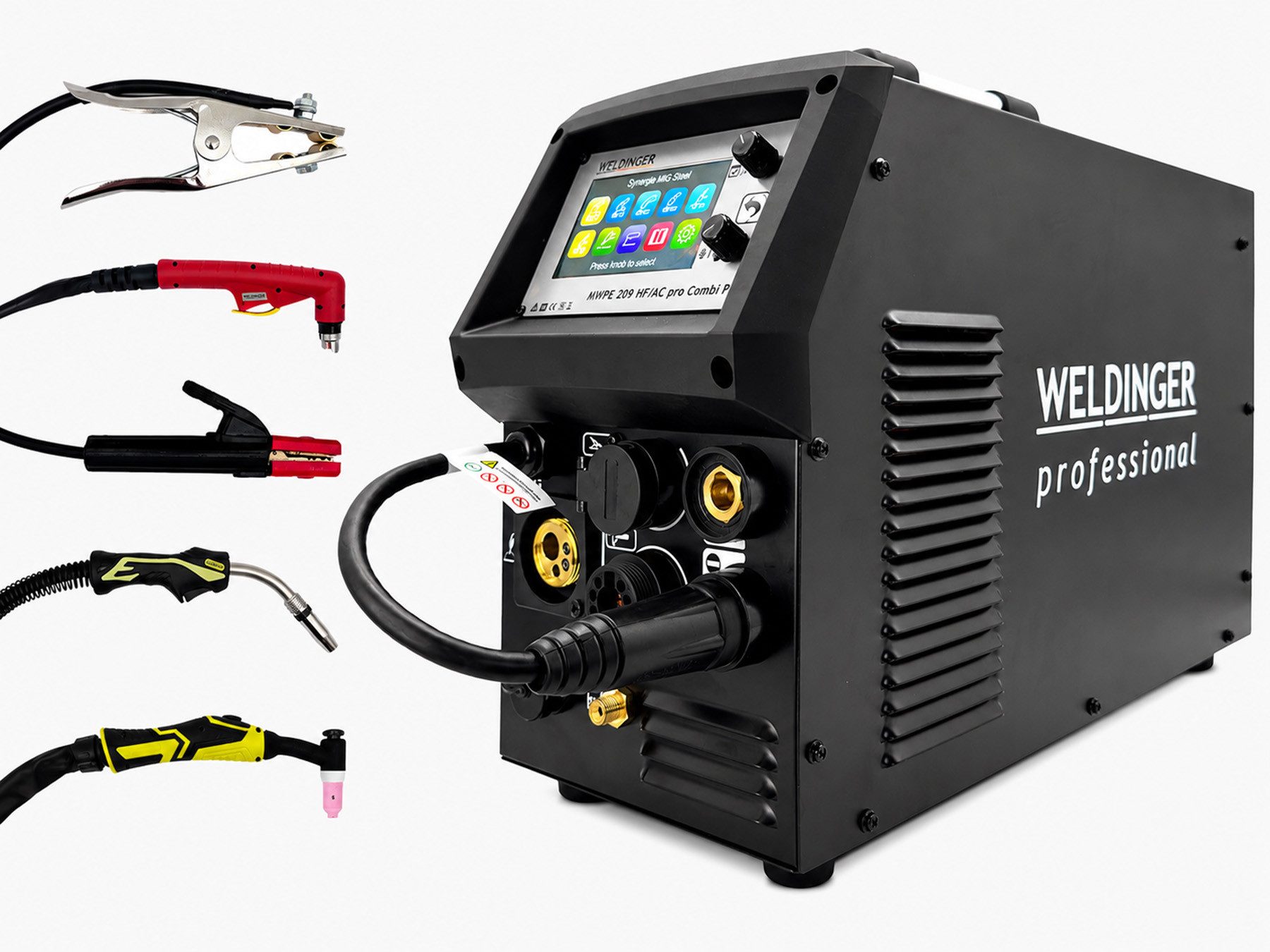 WELDINGER Schutzgasschweißgerät Schweißinverter MWPE 209 HF/AC COMBI SYN WIG AC MMA Plasmaschneider, 25 - 200 A, WIG AC/DC mit HF, Parameter fein regelbar, Plasmaschneider