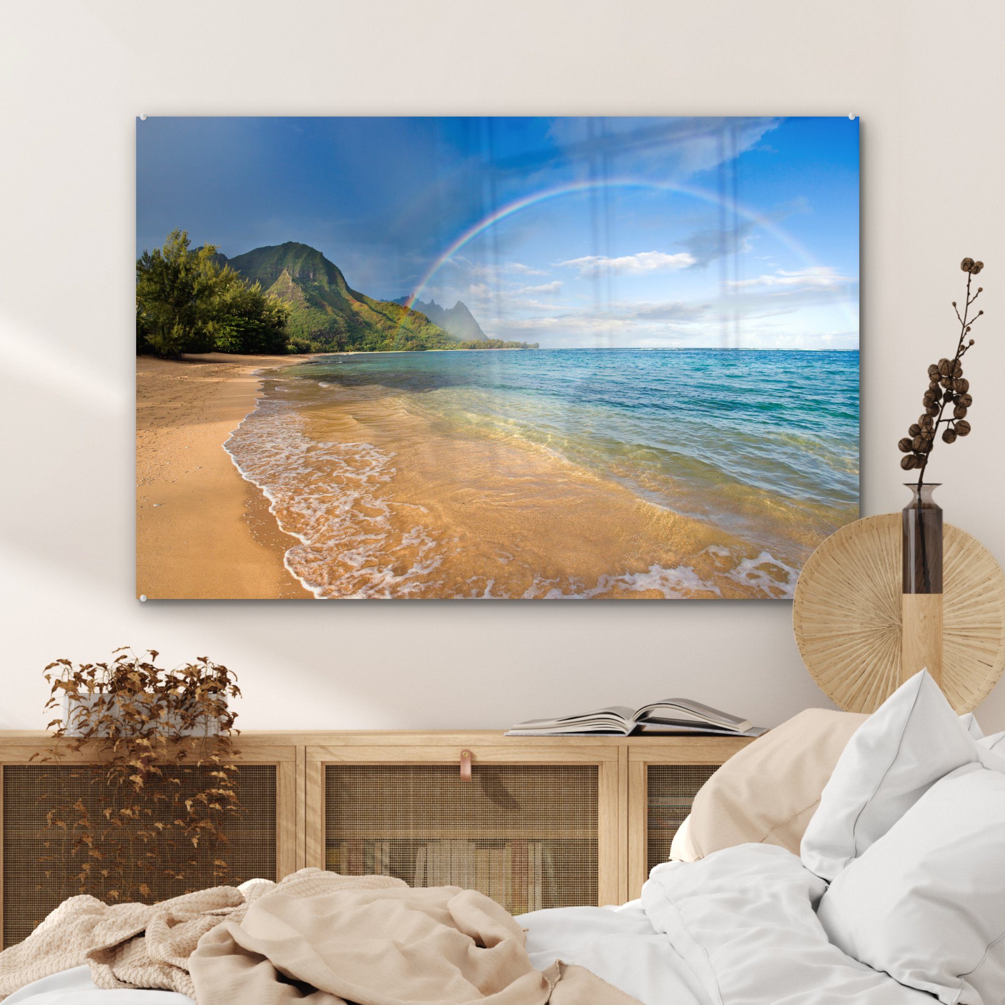 Meer Kauai, Acrylglasbild & dem über Regenbogen Acrylglasbilder Wohnzimmer (1 St), MuchoWow Schlafzimmer von