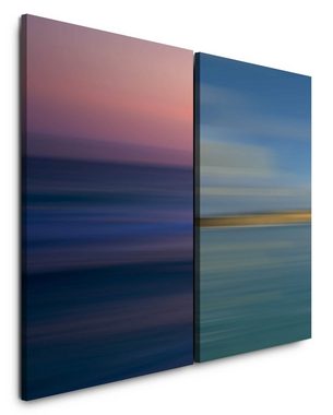 Sinus Art Leinwandbild 2 Bilder je 60x90cm Pastelltöne Horizont Dunkelblau Sonnenuntergang Minimal Modern Streifen