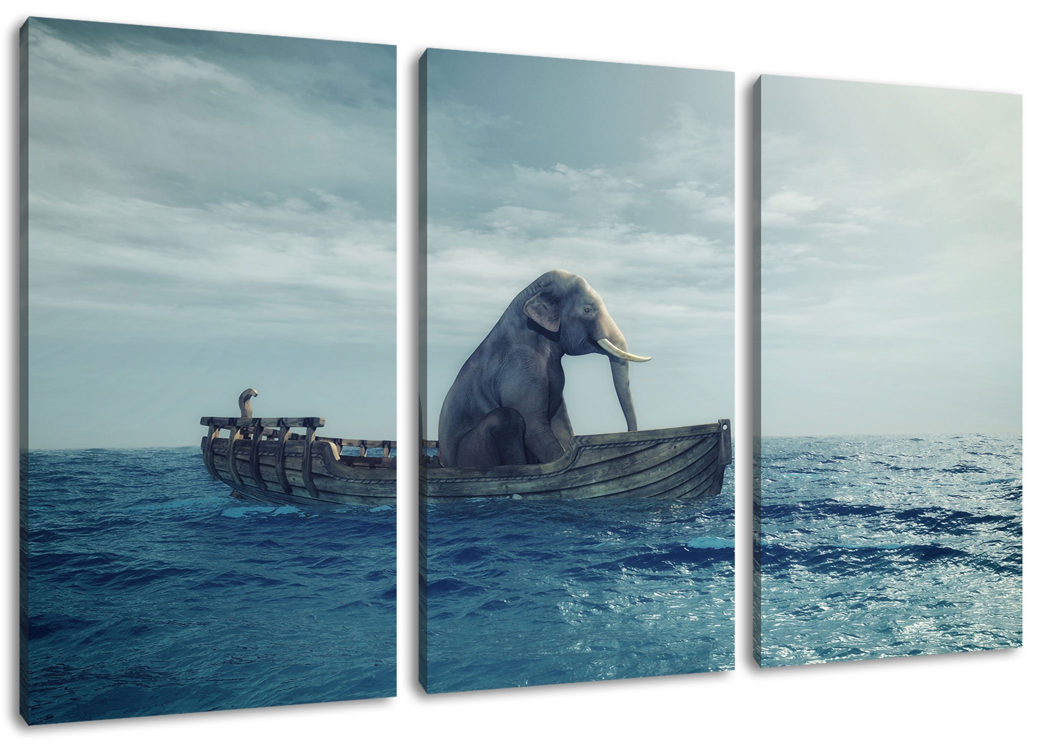 Pixxprint Leinwandbild lustig sitzender Elefant im Boot, lustig sitzender Elefant im Boot 3Teiler (120x80cm) (1 St), Leinwandbild fertig bespannt, inkl. Zackenaufhänger