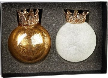 BRUBAKER Weihnachtsbaumkugel Weihnachtskugel Set - King und Queen - 2 Premium Baumkugeln aus Glas (2 St), Gold und Glitzer mit Kronen - Christbaumschmuck König/Königin