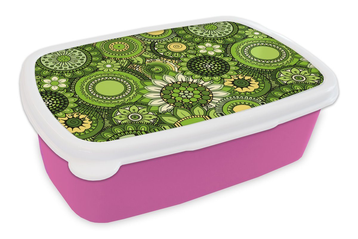 MuchoWow Lunchbox Blumen - Grün - Muster, Kunststoff, (2-tlg), Brotbox für Erwachsene, Brotdose Kinder, Snackbox, Mädchen, Kunststoff rosa