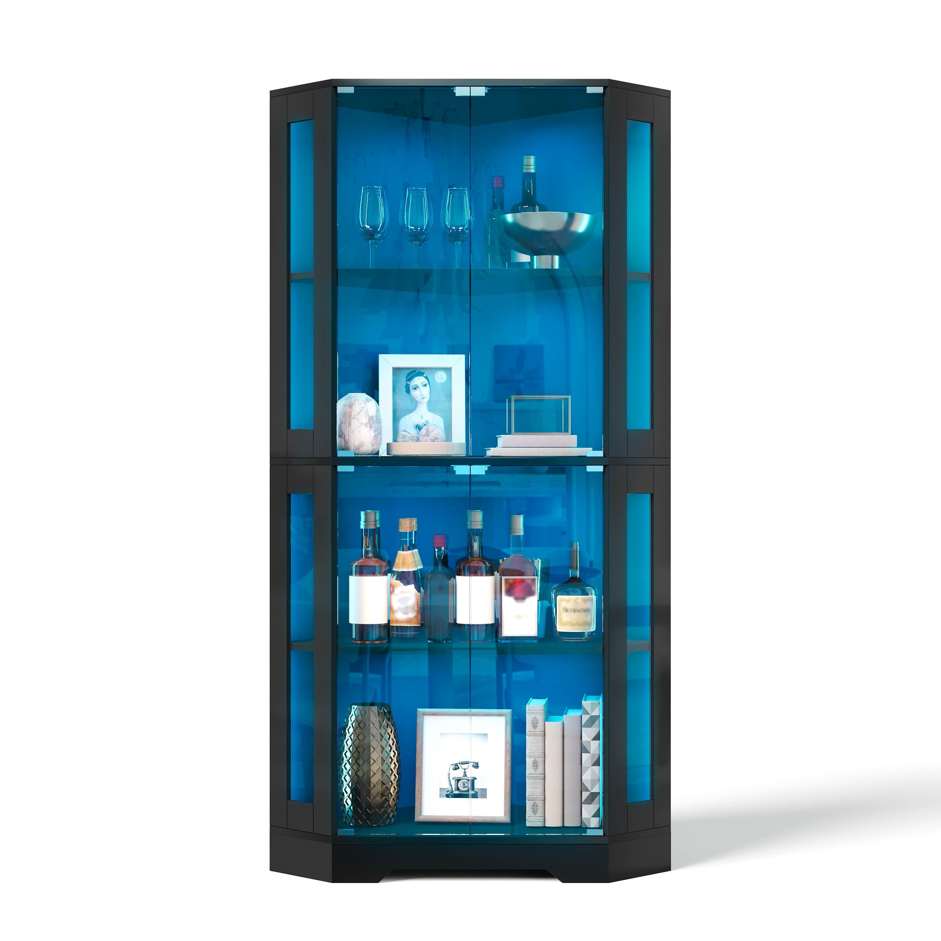 BlingBin Eckvitrine 165cm hoher Glasvitrinenschrank mit LED,Push-to-Open System (2 Packung, 1-St., moderner Weinschrank für Figuren, Sammlerstücke und Wein) 4-stufiger Sicherheitsglas-Eckschrank,für Küche & Esszimmer,Schwarz
