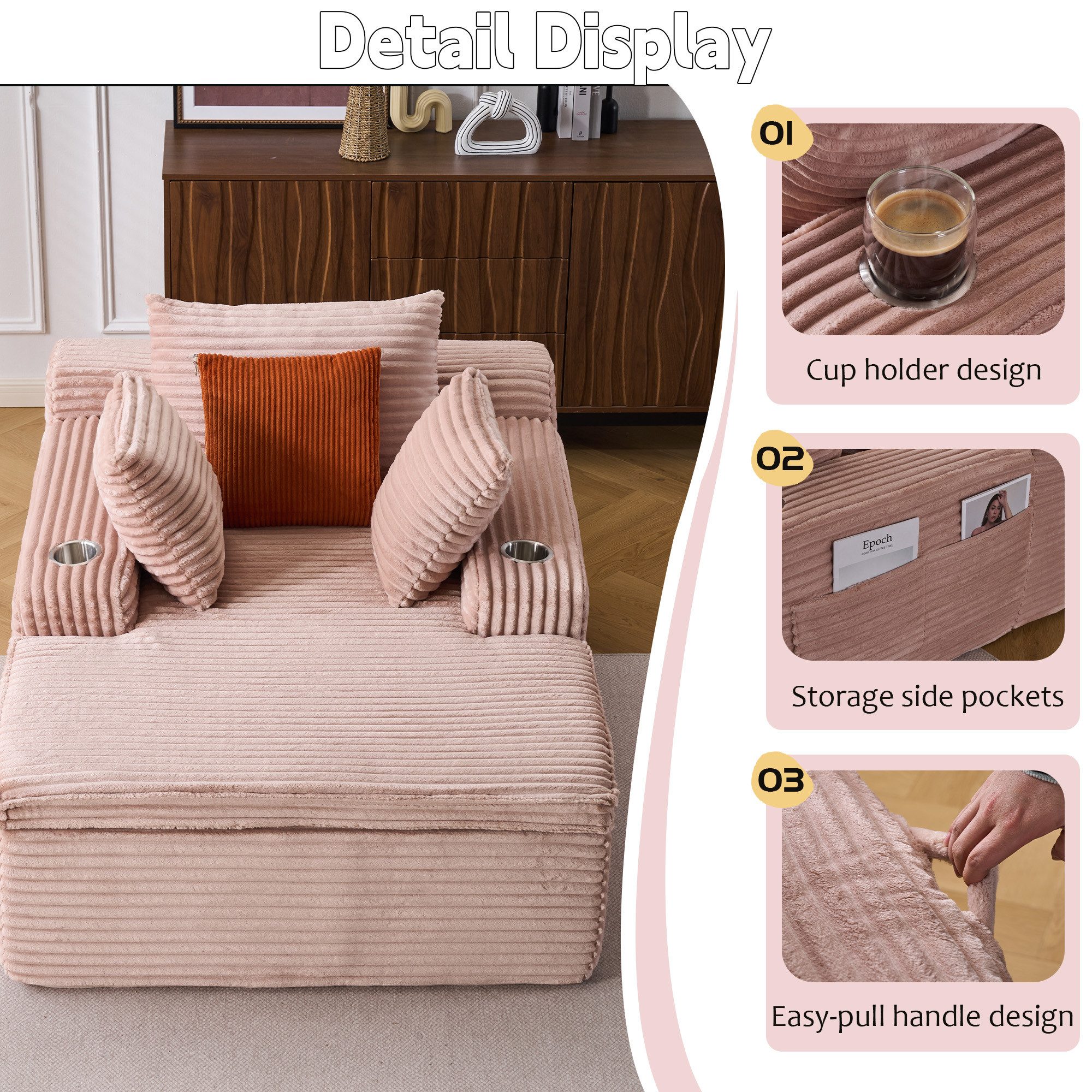 CANMOV Schlafsofa Vielseitiger Lounge-Sessel mit Liegefläche, Kissen und Getränkehaltern, Klein Sofa mit Bettfunktion, 113*164*63cm, 300kg tragbar