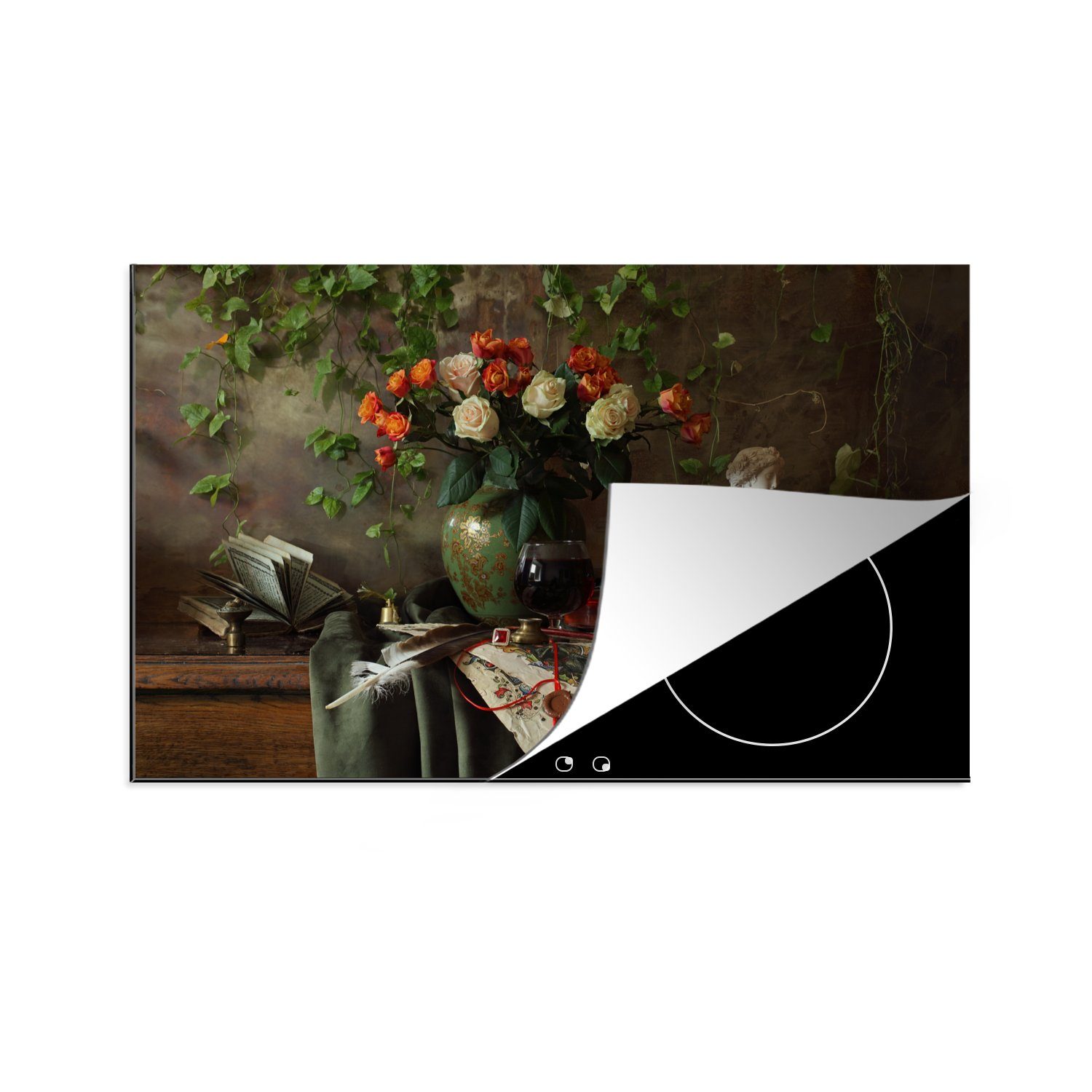 MuchoWow Herdblende-/Abdeckplatte Blumen - Geige - Stilleben, Vinyl, (1 tlg), 83x51 cm, Ceranfeldabdeckung, Arbeitsplatte für küche