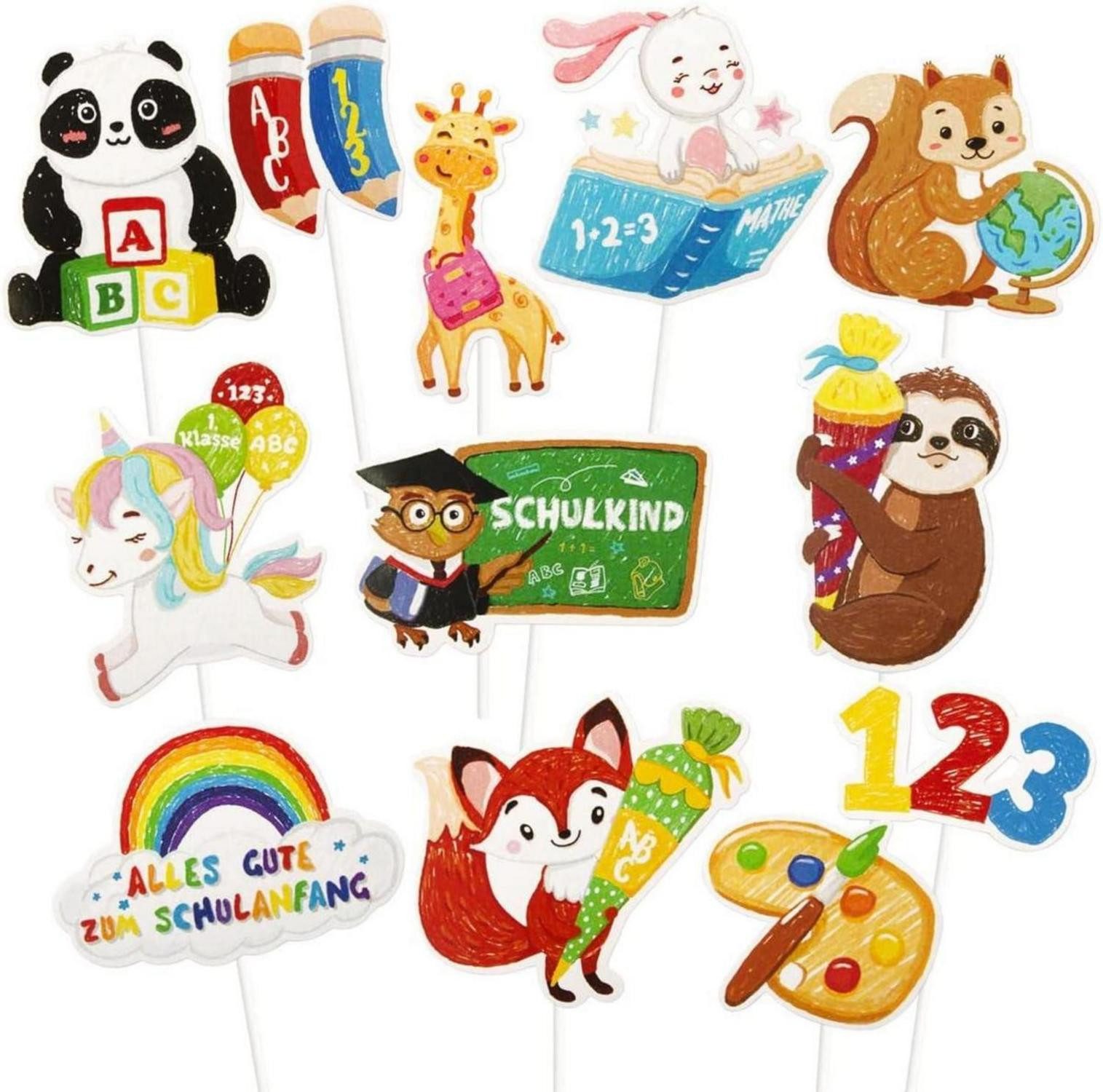 Dekohänger 24 Stück Einschulung Tortendeko Tiere Cupcake Topper