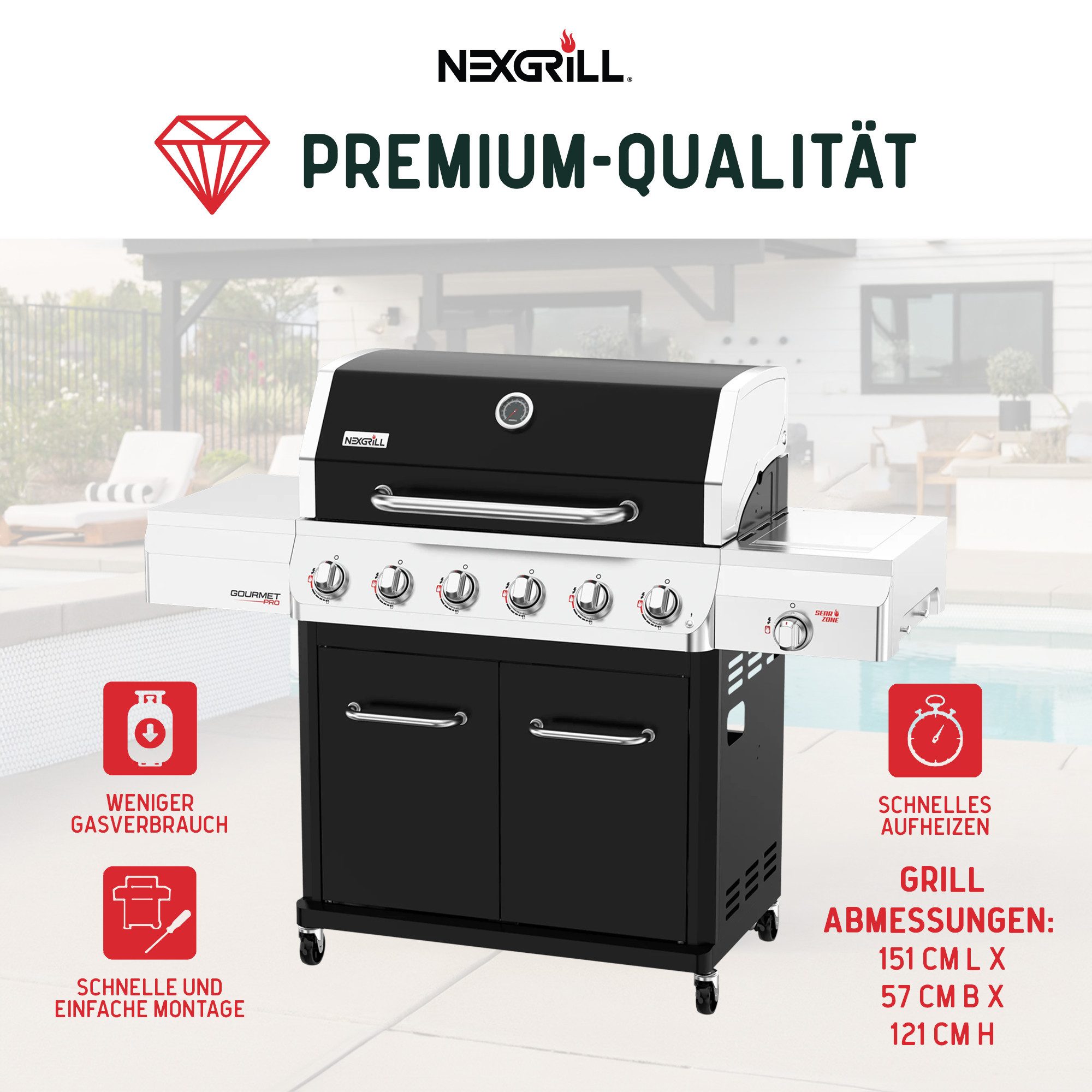 nexgrill Gasgrill 6B Gourmet Pro 6 + 1 Brenner, Keramik-Seitenbrenner & Gusseisen Plancha, 22KW, Griddle Max, Grillwagen, Aufbaumaß: 152x57x121 cm