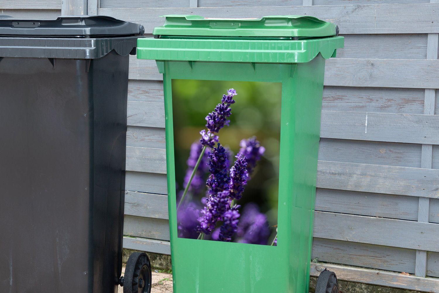 MuchoWow Wandsticker Nahaufnahme von (1 Mülltonne, einem Lavendel Hintergrund St), Abfalbehälter Sticker, grünen Mülleimer-aufkleber, Container, vor