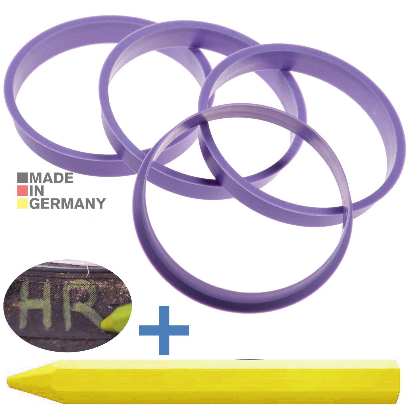 RKC Reifenstift 4X Zentrierringe Lila Felgen Ringe + 1x Reifen Kreide Fett Stift, Maße: 74,1 x 72,6 mm