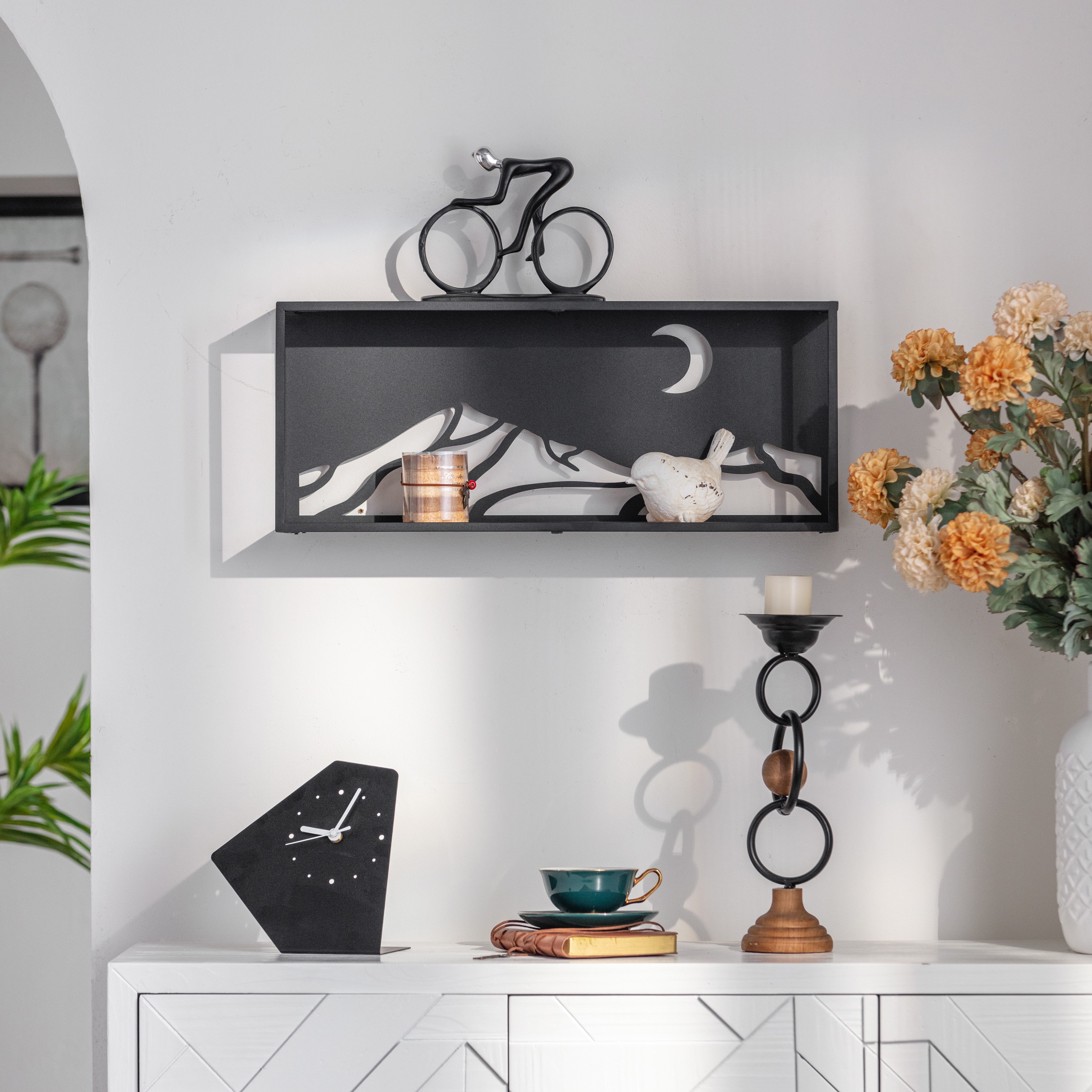 Deko-Wandregal Holz Metallregal Landhaus Hängeregal Vintage Holzregal Mond