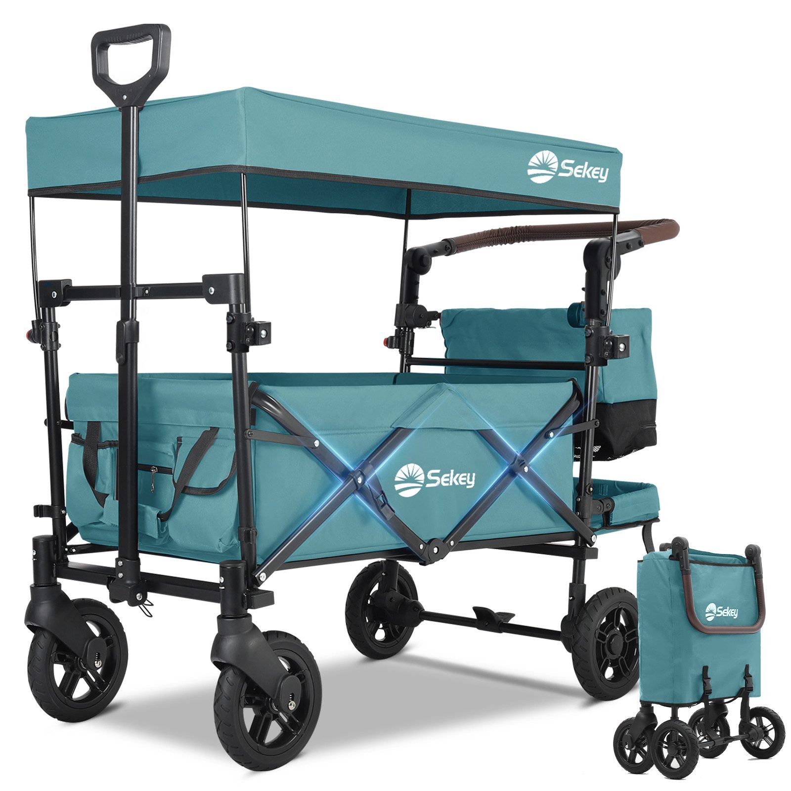 Sekey Bollerwagen 150 kg Faltbarer Bollerwagen mit Dach und 3-Punkt-Sicherheitsgurt, Faltbarer Handwagen Schiebegriff, Transportwagen mit Bremsen
