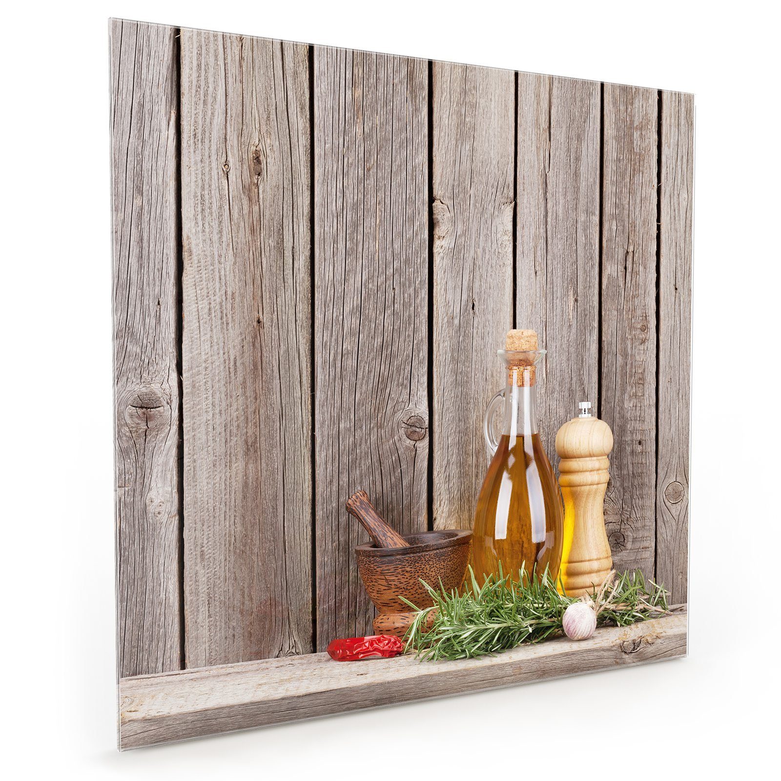 Primedeco Küchenrückwand Küchenrückwand Spritzschutz Glas mit Motiv Kräuter und Olivenöl