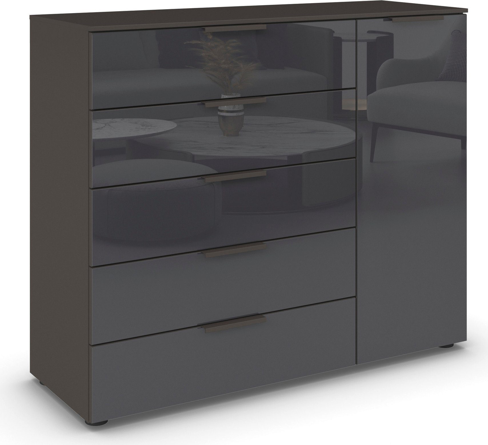 rauch Schubkastenkommode Kommode Türkommode Sideboard Kombikommode FLIPP mit Glasfront (Breite 120 cm mit 2 Полки), 1-türig mit 5 Выдвижные ящики und Soft-Close-Funktion sowie Glasfront