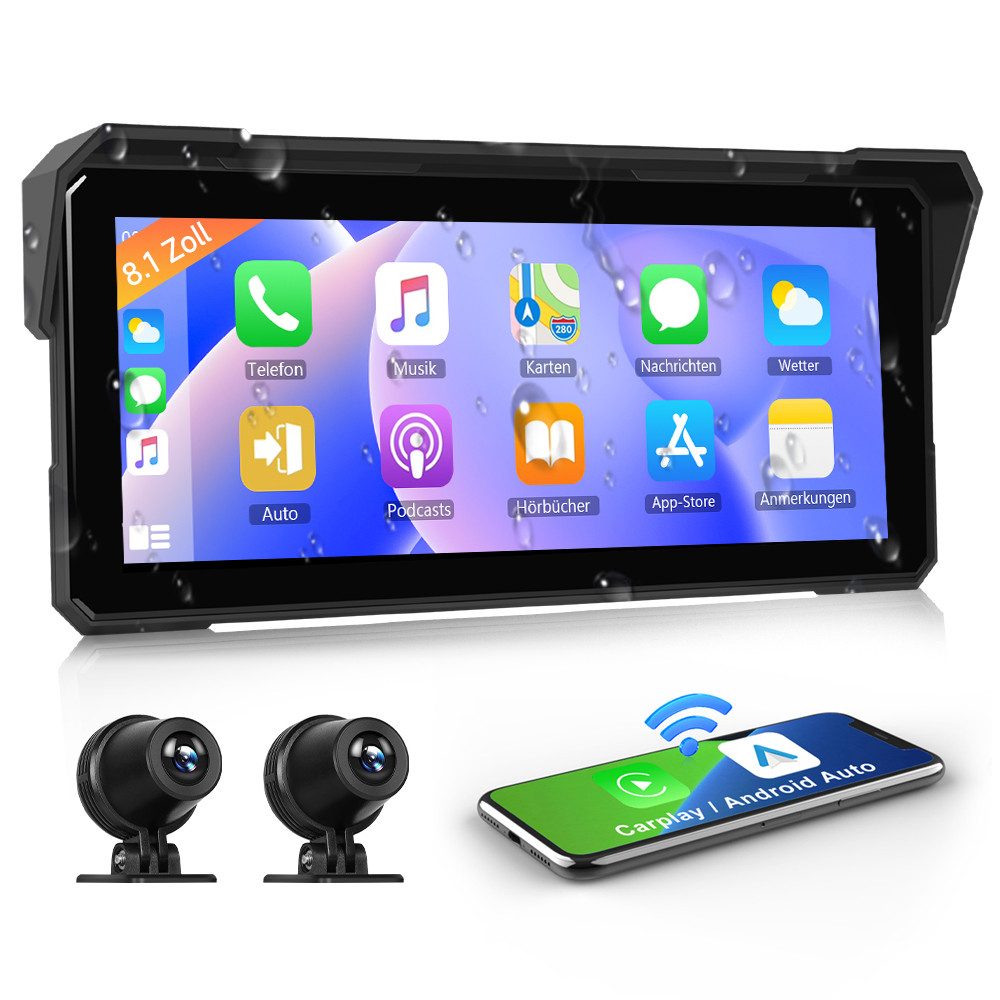 8,1 Zoll Carplay Android Auto IP68 wasserdicht DVR Motorrad Navigationsgerät