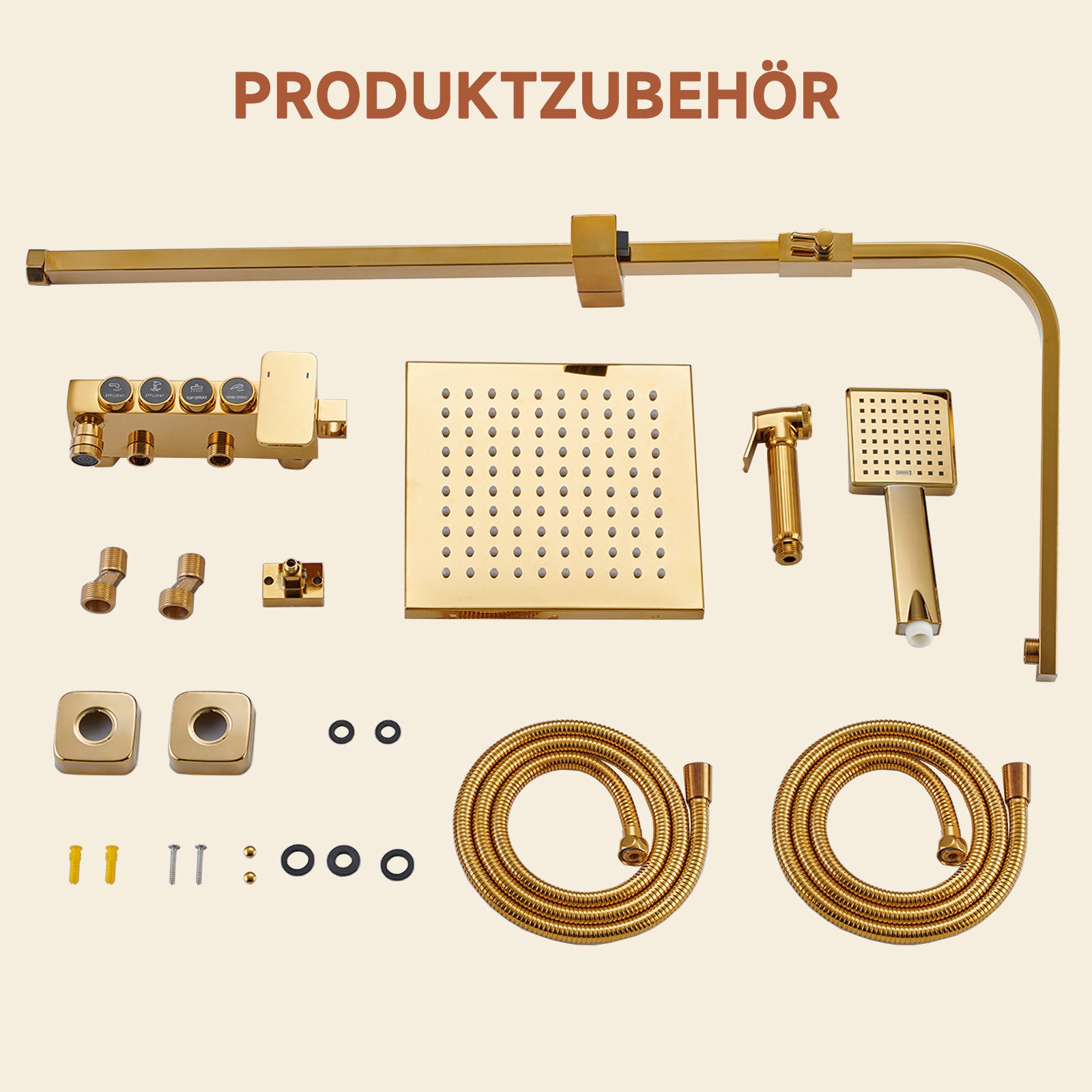 Oihpaw Duschsystem Multifunktionales Duschsystem in Gold: Rechteckiger Regenduschkopf, Handbrause, Badewannenarmatur und Bidet-Handbrause