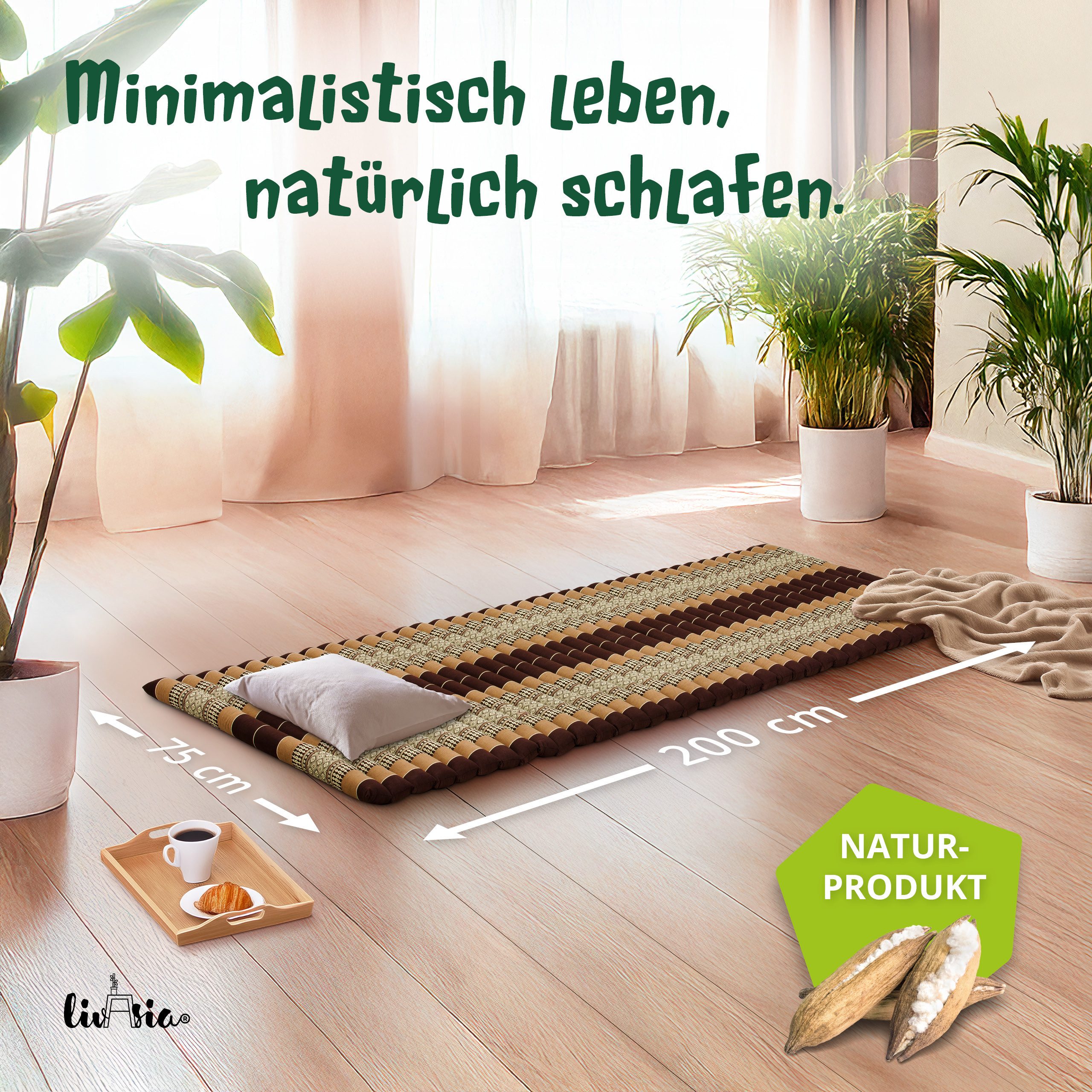Reisebett-Matratzen Rollmatte 75 cm breit, vegan und handgefertigt, 200x75x4,5cm, livasia, 4.5 cm hoch, Kapok