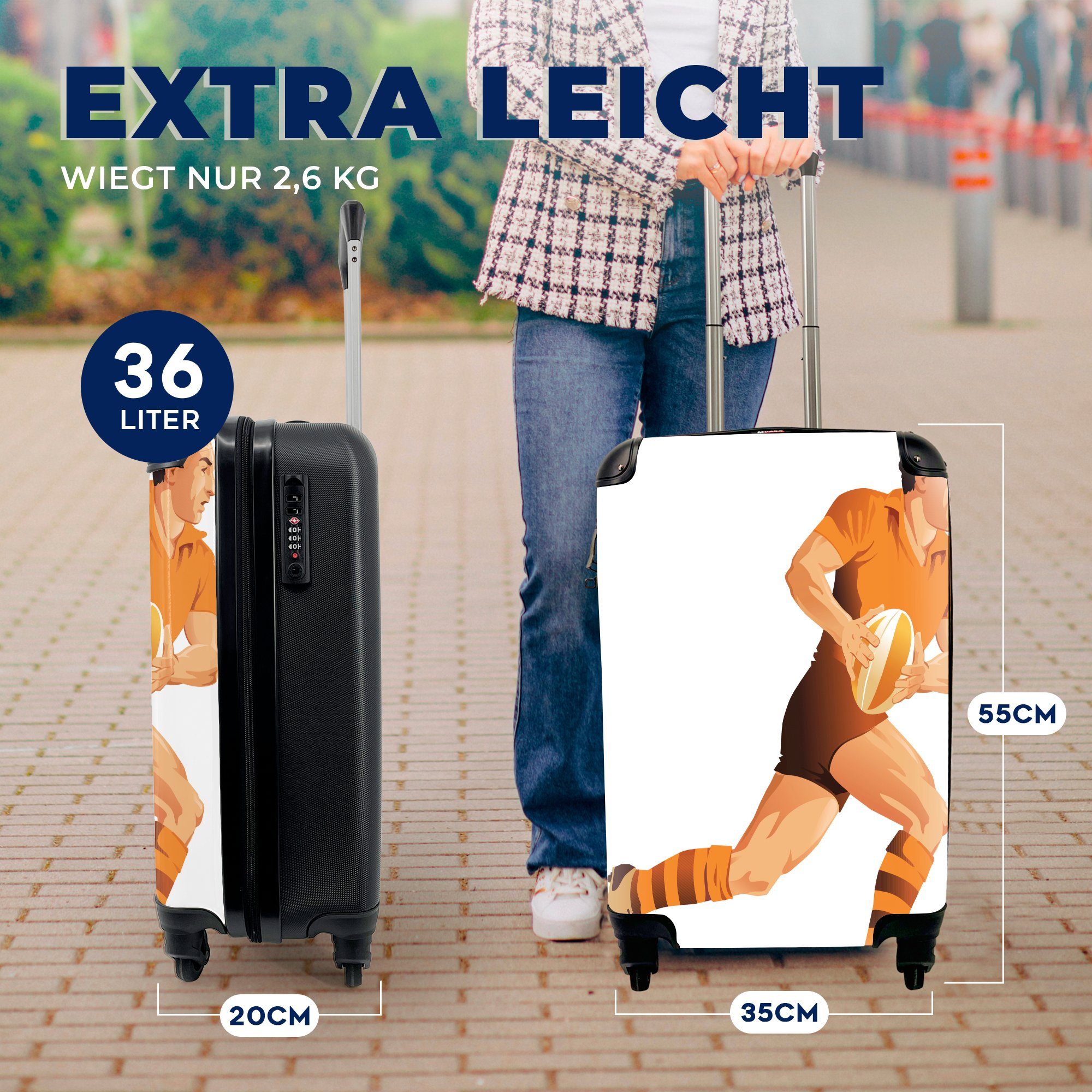 Ferien, Trolley, Illustration Handgepäck Reisekoffer MuchoWow für eines 4 Eine Reisetasche Rugbyspielers, mit rollen, Rollen, Handgepäckkoffer