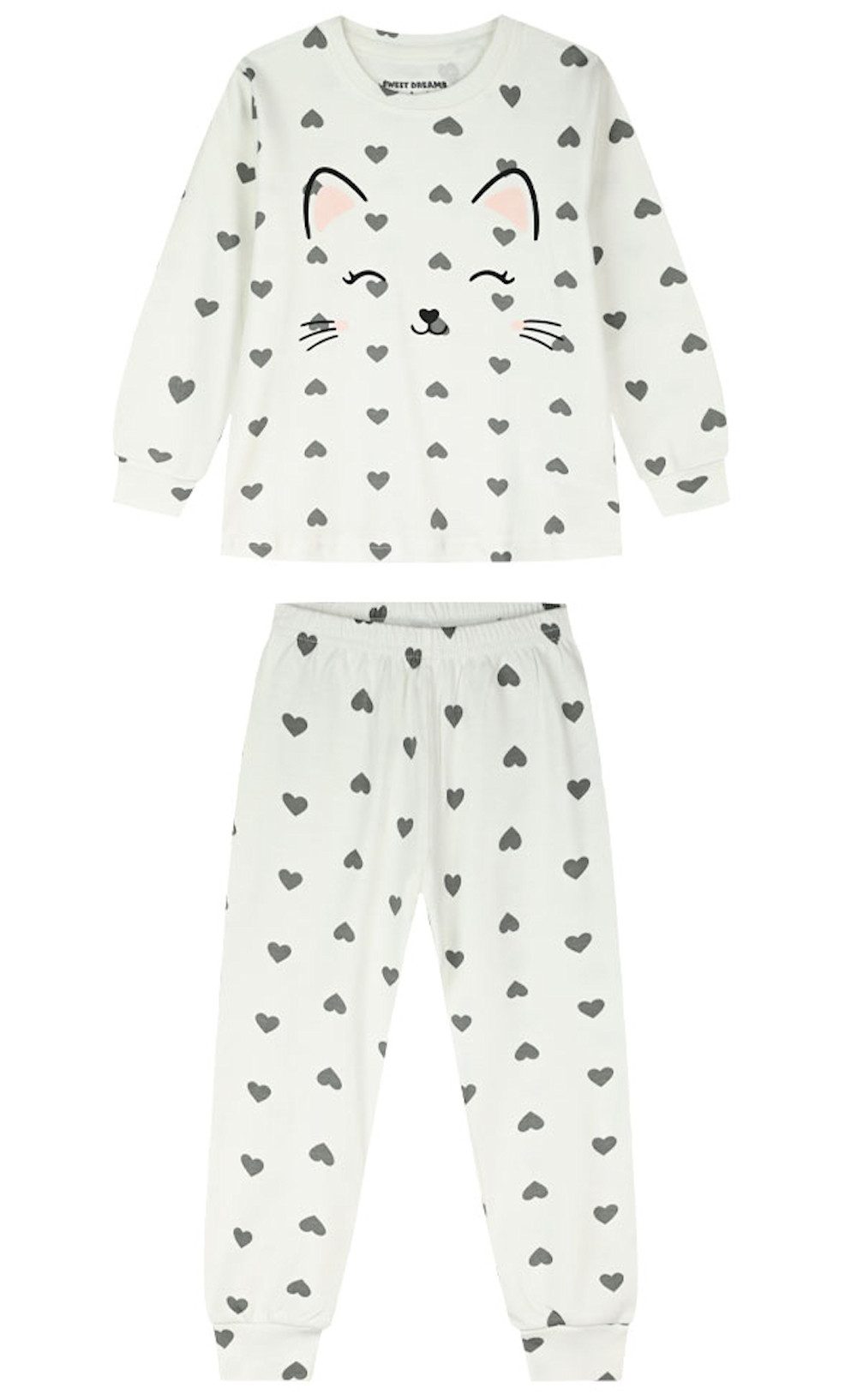 ENERGIERS Pyjama ENERGIERS Mädchen Schlafanzug lang Pyjama Katze Herzen off-white (2 tlg)