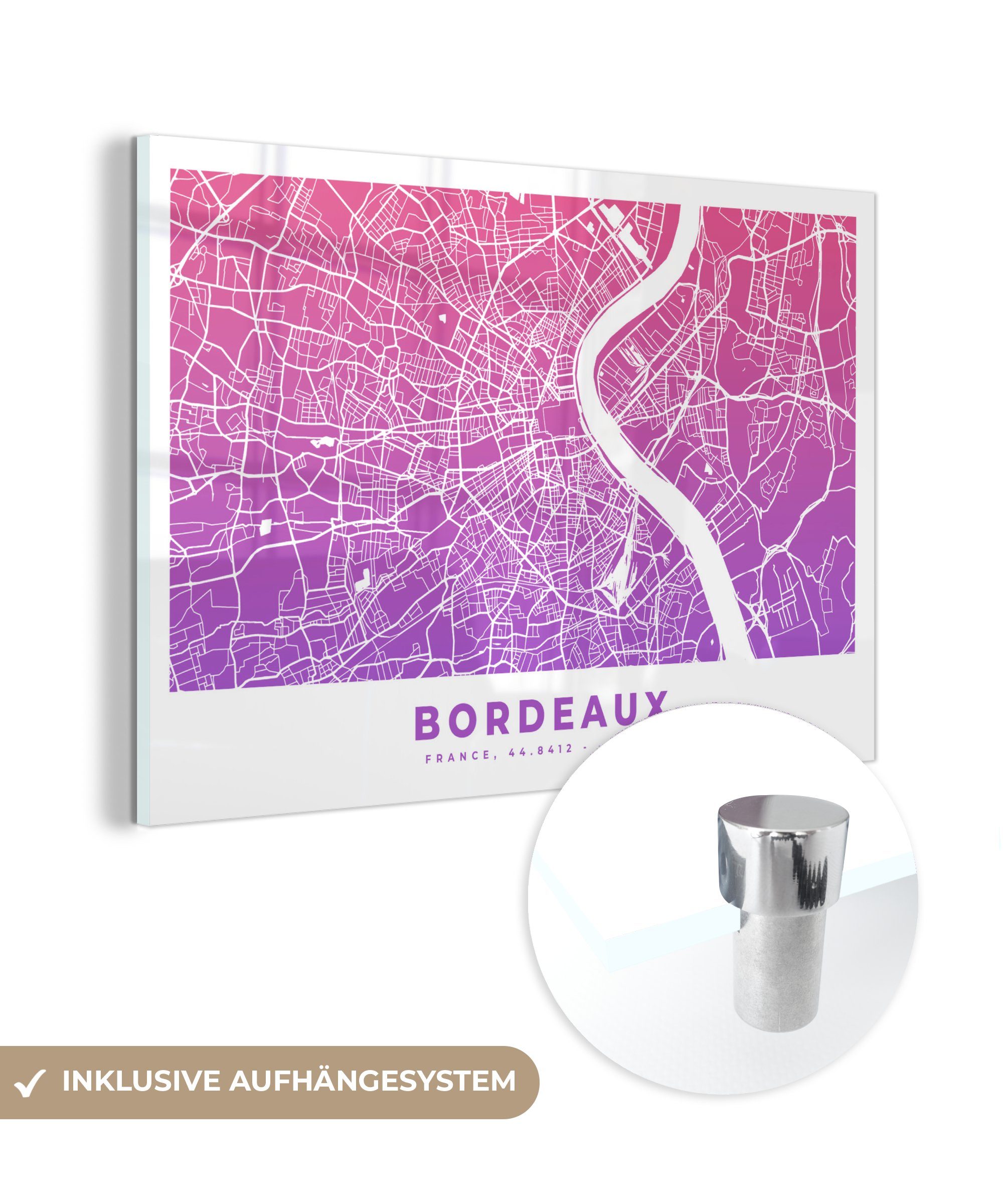MuchoWow Acrylglasbild Bordeaux - Frankreich - Stadtplan, (1 St), Acrylglasbilder Wohnzimmer & Schlafzimmer