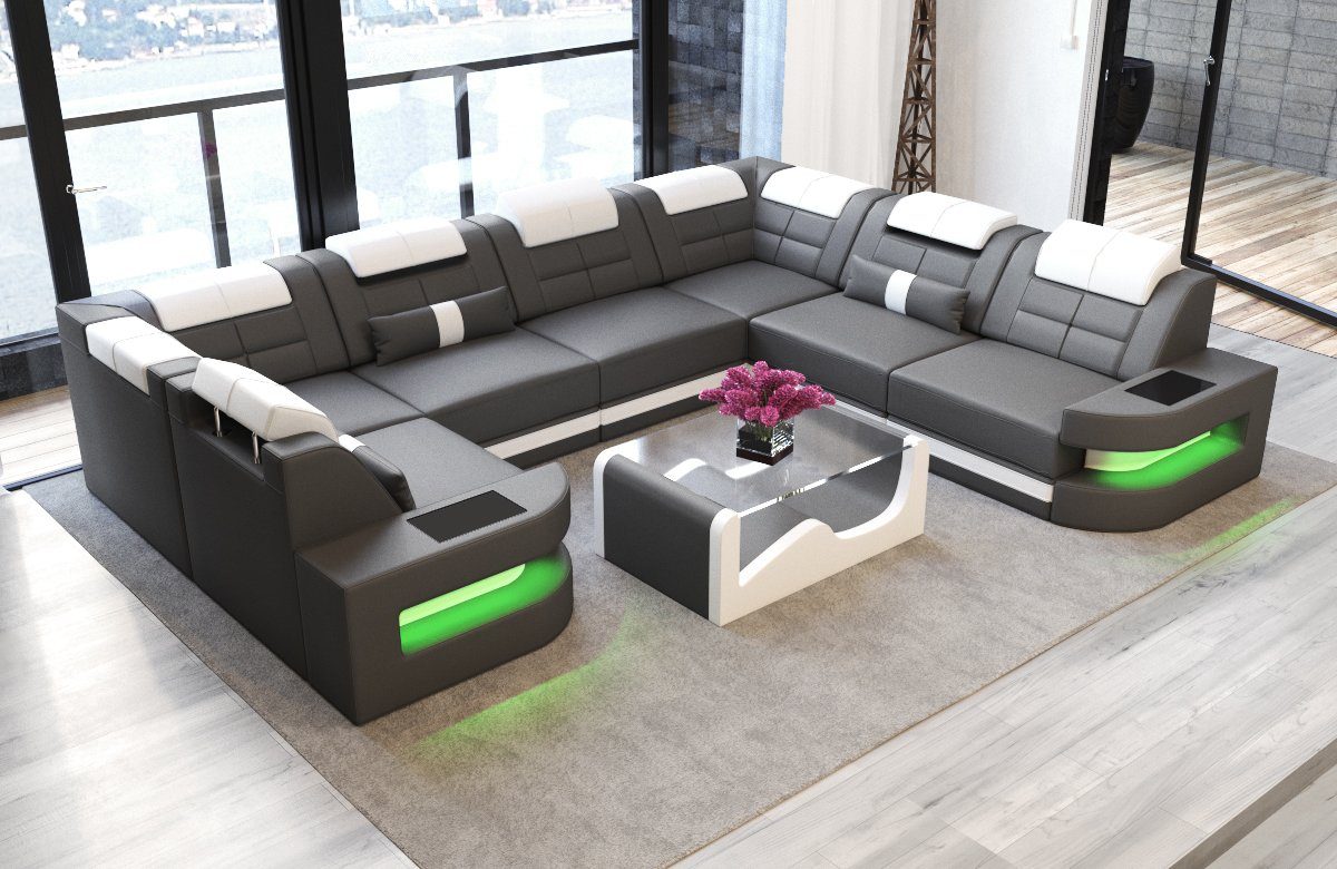 Sofa Dreams Wohnlandschaft Leder Ledercouch Sofa Como U Form Ledersofa, Couch, mit LED, wahlweise mit Bettfunktion als Schlafsofa, Designersofa