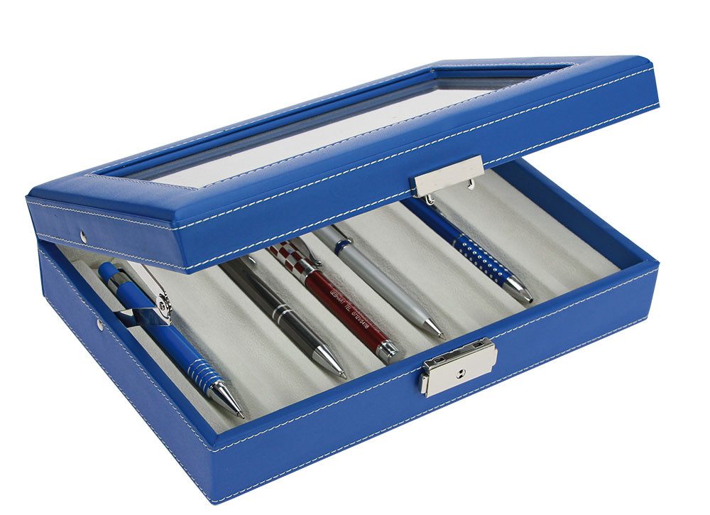 Safe-Album Vitrine Schreibgeräte-Kassette Blau Lederoptik 8 Fächer & Glaseinsatz
