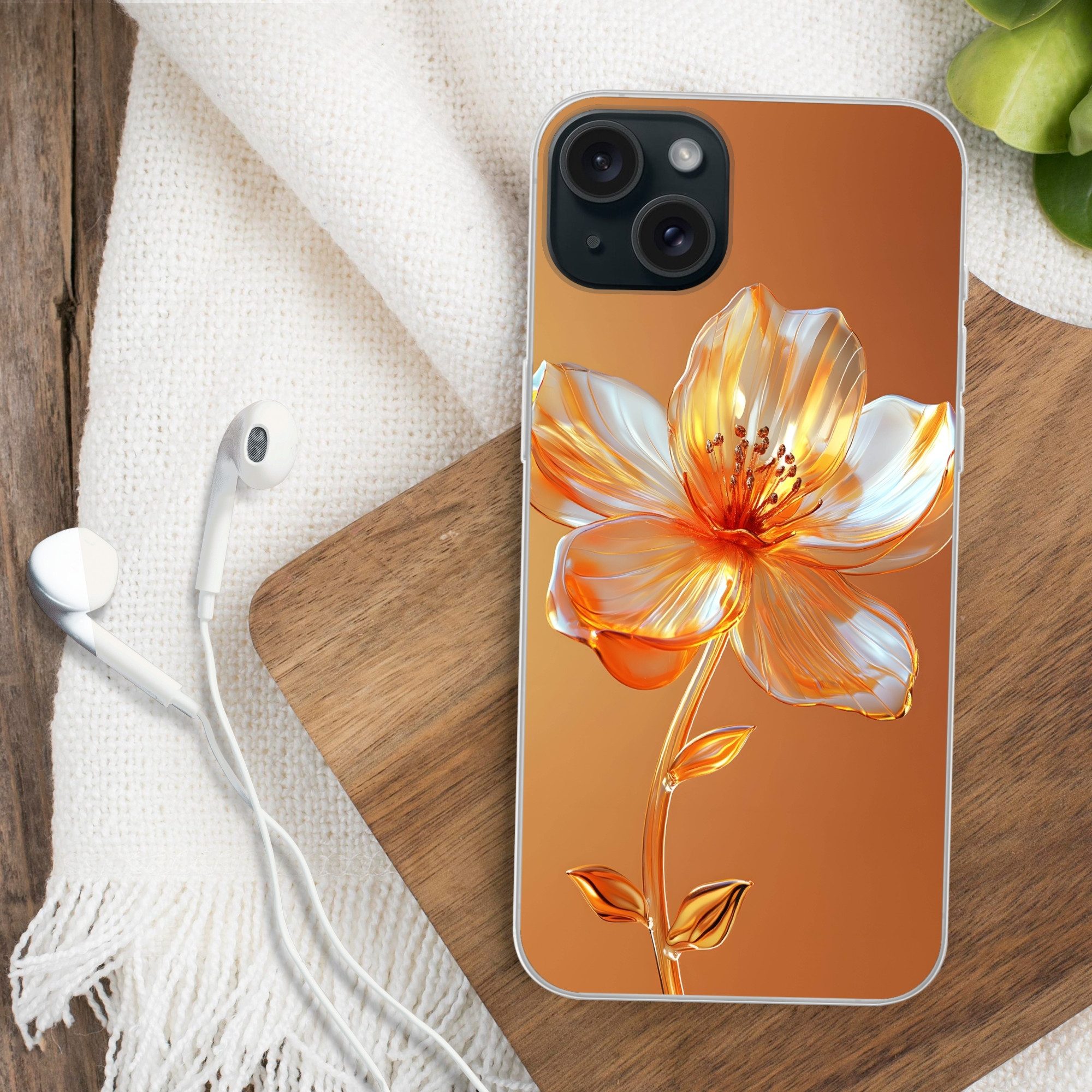 MuchoWow Handyhülle für Apple iPhone 15 Plus Gläser - Blume - Orange, Smartphone-Bumper, Print, Handy Schutzhülle Dünn