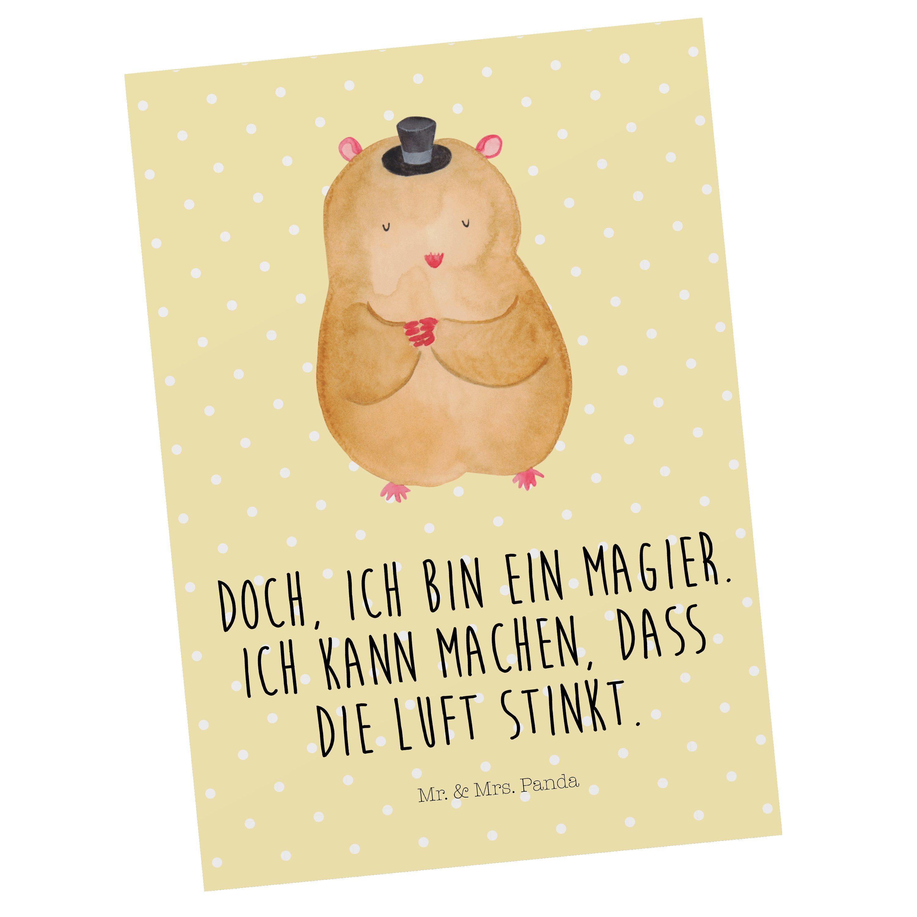 Mr. & Mrs. Panda Postkarte Hamster mit Hut - Gelb Pastell - Geschenk, Ansichtskarte, Gute Laune