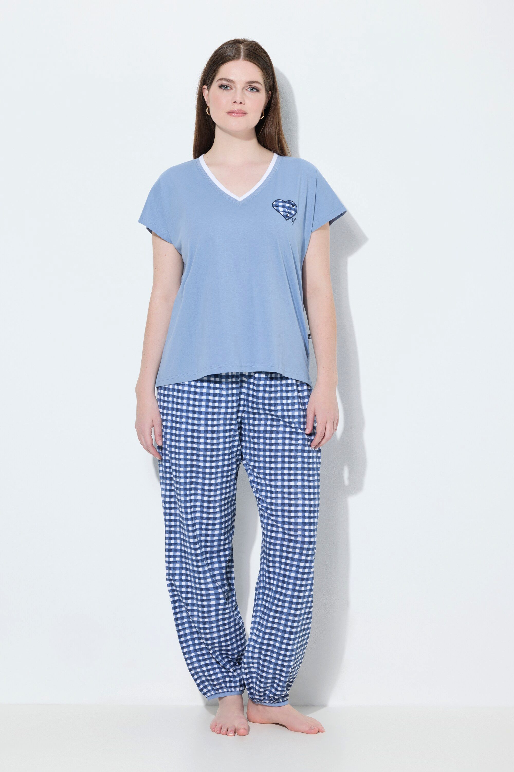 Ulla Popken Pyjama Schlafanzug Karo V-Ausschnitt günstig online kaufen