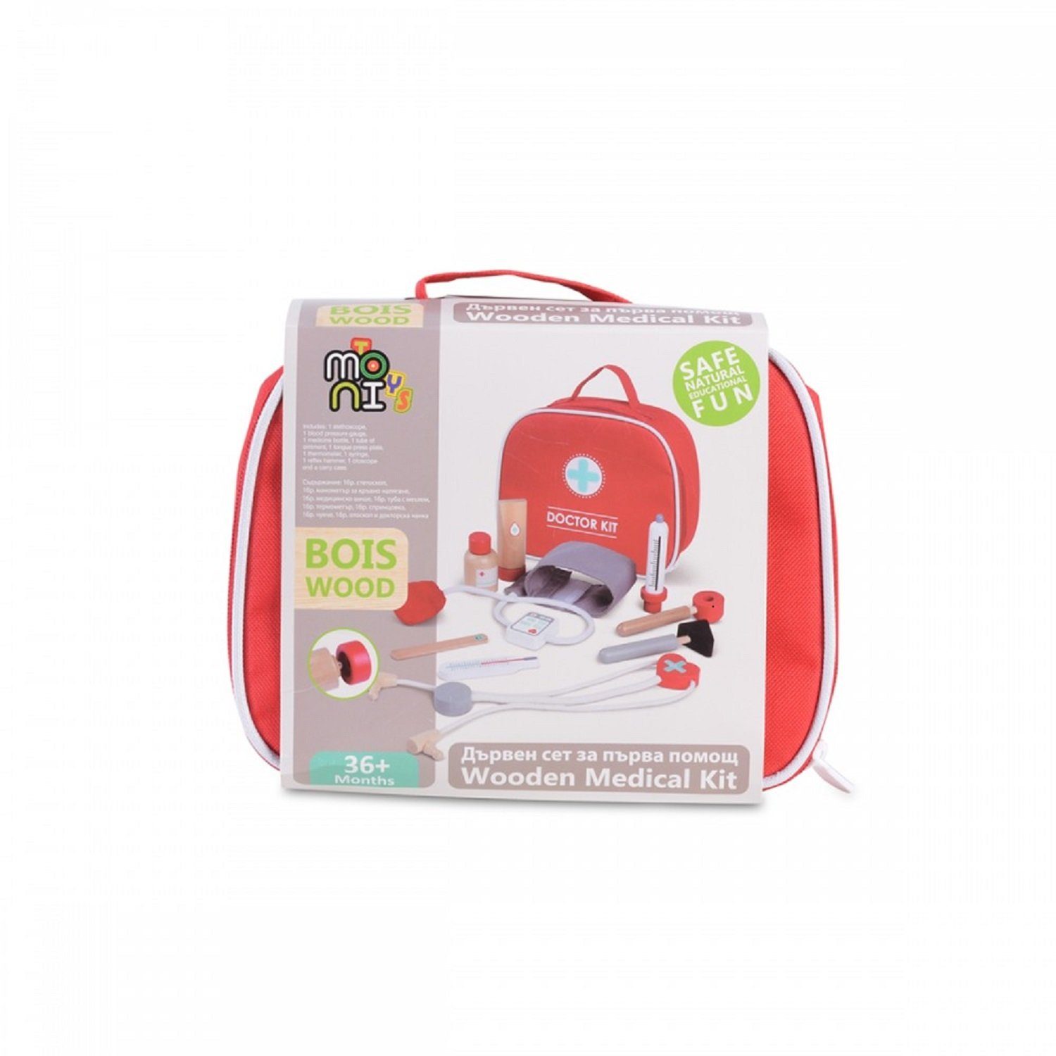 Moni Spielzeug-Arztkoffer Holzspielzeug Erste Hilfe Set, 4501 Arztkoffer, 10-tlg, Tasche, Thermometer