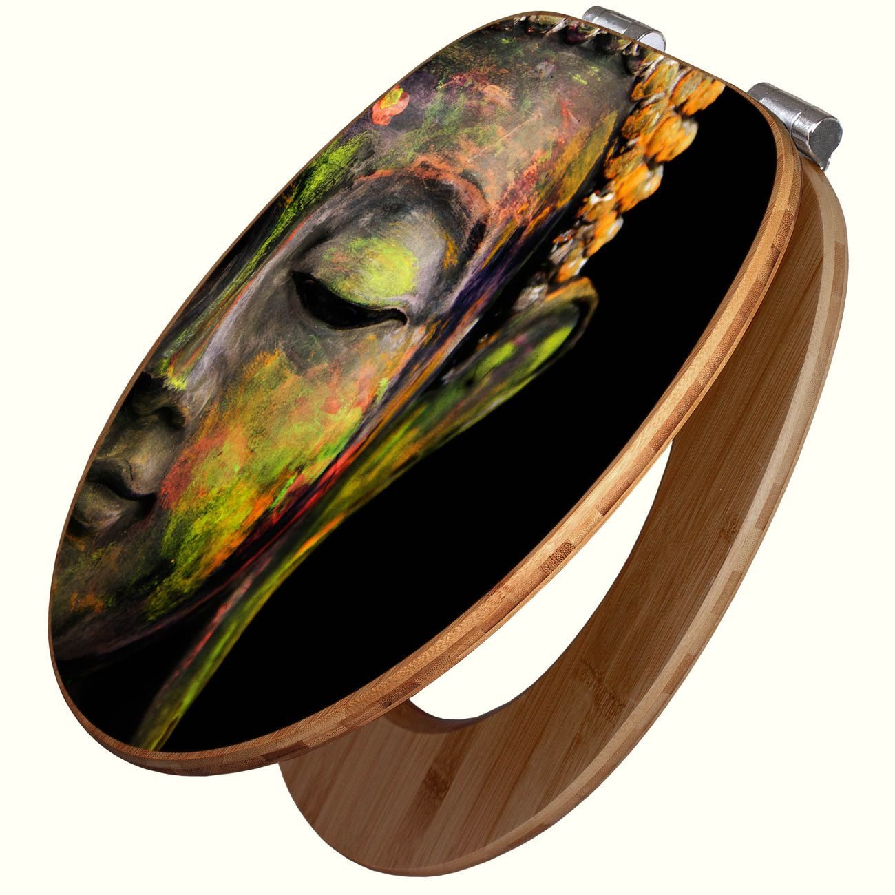 banjado WC-Sitz aus Bambus mit Absenkautomatik Motiv Bunter Buddha (umweltfreundliches Material, integrierte Absenkautomatik), 45,8 x 37,5 x 5 cm