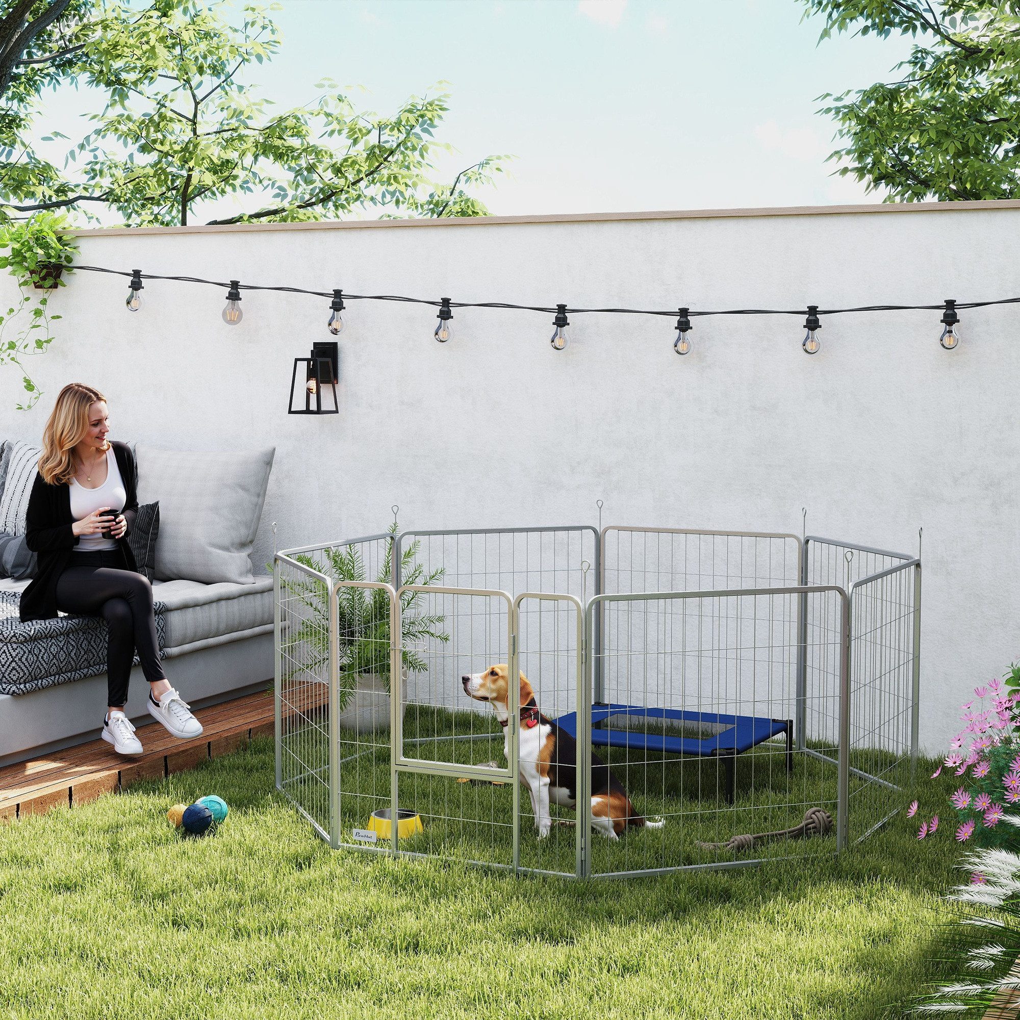 PawHut Freigehege Welpenlaufstall 8-TLG mit 8 Gitterplatten Tür flexibel Laufgitter, Welpenlaufstall mit Gurt und Tür, Stahl, Silber