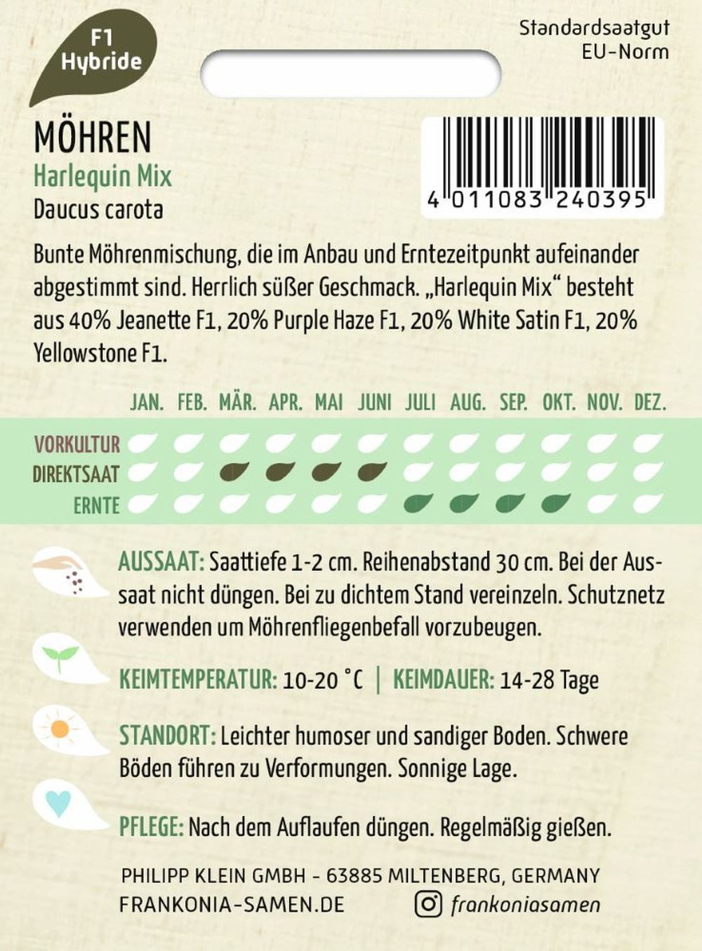 FRANKONIA Gemüsesamen Möhre, Harlequin Mix F1 - Möhren-Samen Saatgut Samen, Daucus carota