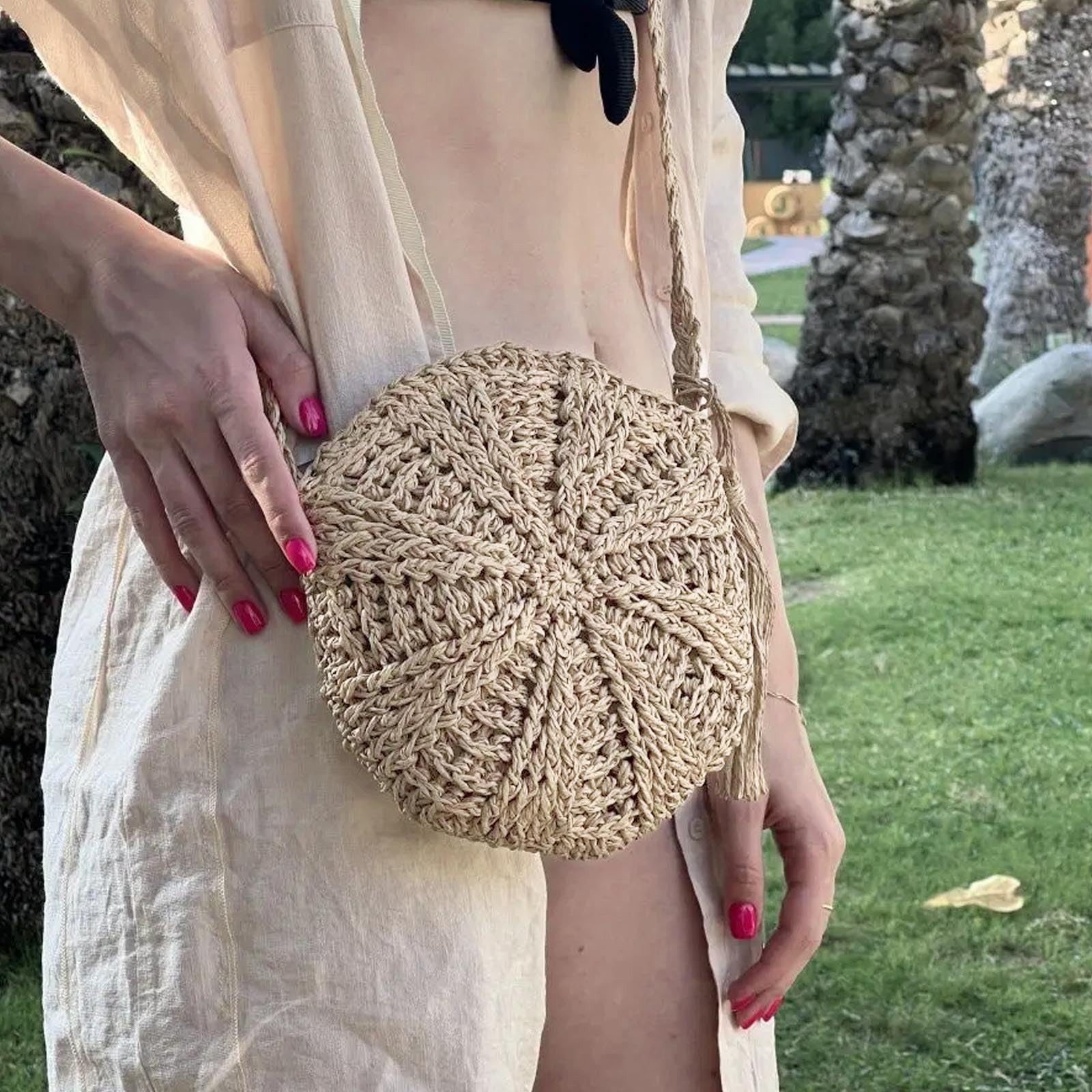 Zaewry Strandtasche Vintage Strandtasche Strand Stroh Handtasche Rund Crossbody Tasche, für Damenreisen und Urlaub – Bild 3 von 5