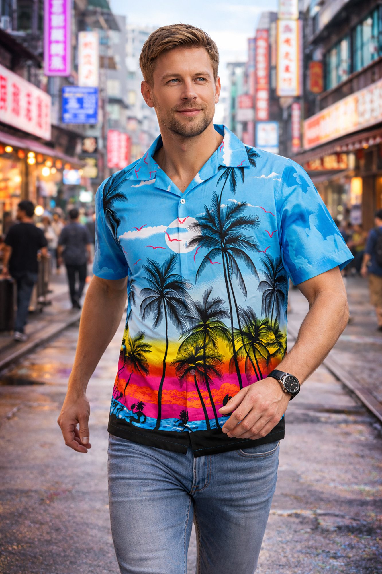 King Kameha Hawaiihemd "Beach" Funky Hawaii-Hemd Herren Kurzarm Front-Tasche Stylish