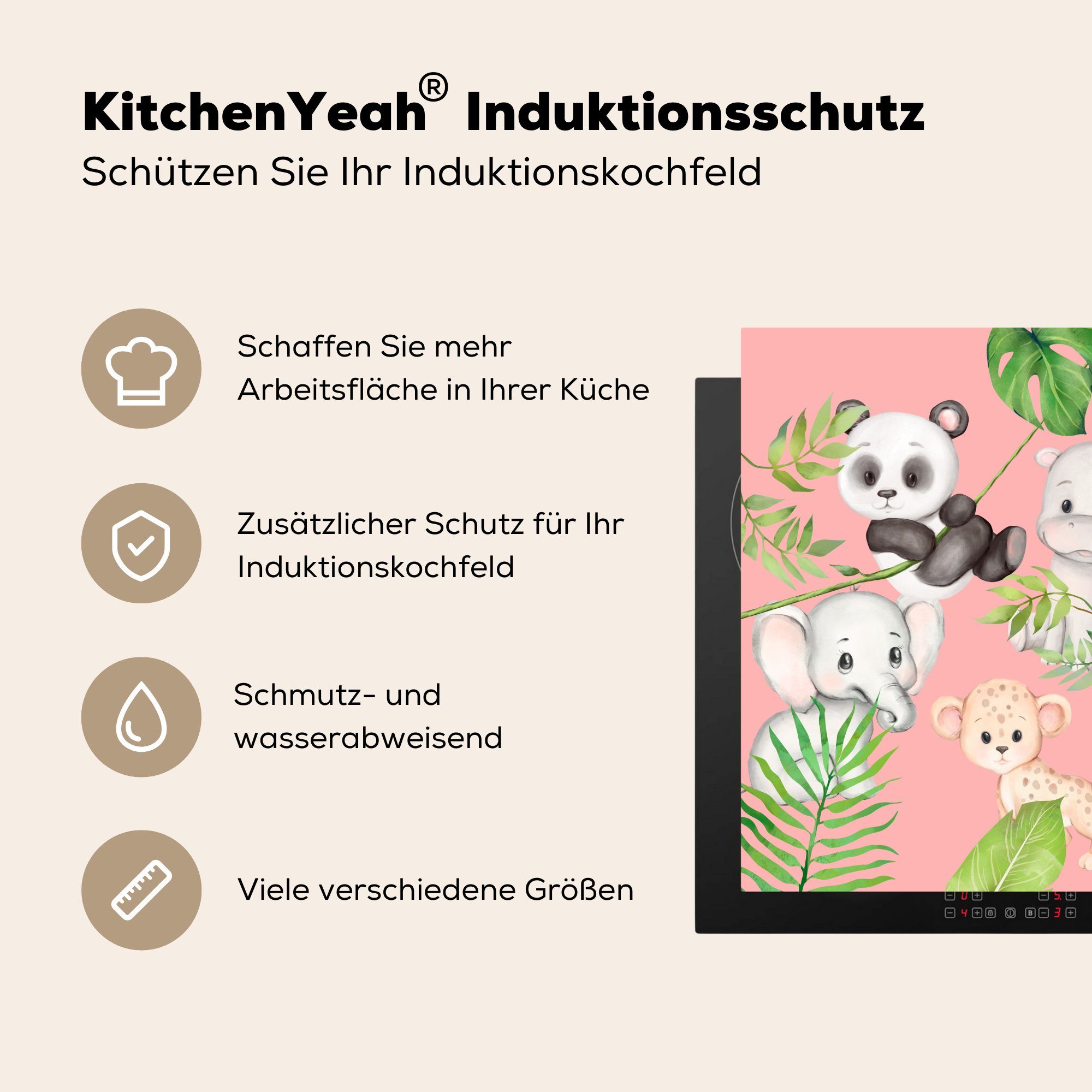 küche (1 - Herdblende-/Abdeckplatte Arbeitsplatte - cm, Tiere, für 78x78 Vinyl, Ceranfeldabdeckung, MuchoWow tlg), Dschungel Rosa