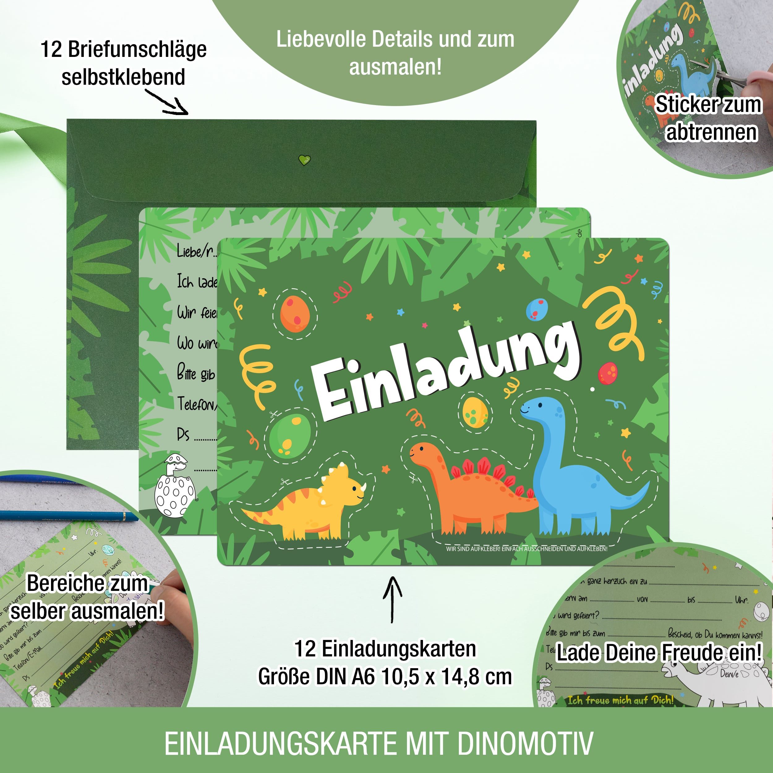 TOBJA Einladungskarten 12 Einladungskarten inkl. Umschläge - Dino Party, Partyeinladungen A6 (10,5 x 14,8 cm) Postkarten