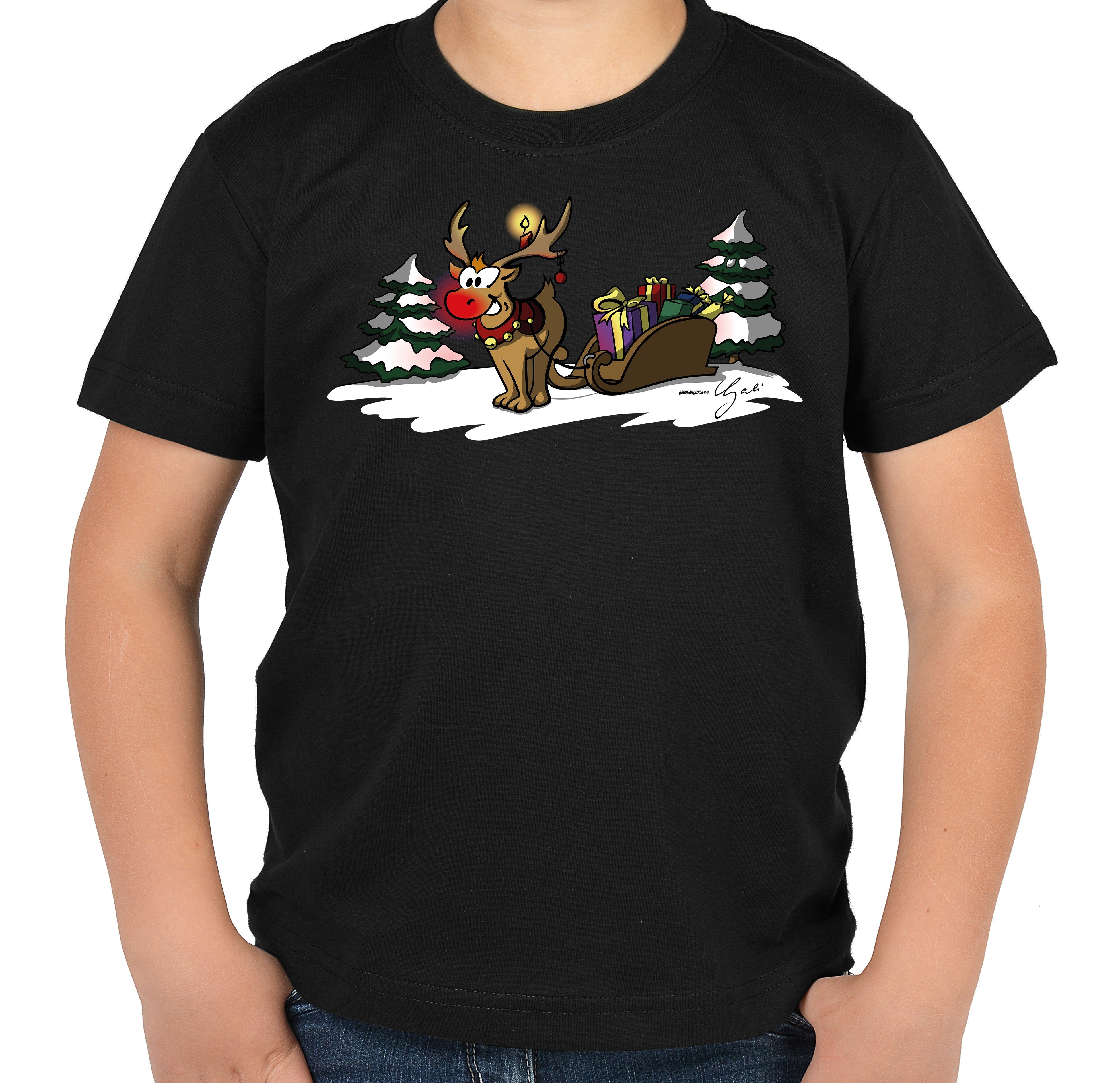 - Tini Weihnachten Weihnachtsmotiv T-Shirt Print-Shirt Nikolaus Rentier : schwarz Advent Shirts Schlitten mit Geschenk-Shirt Kinder