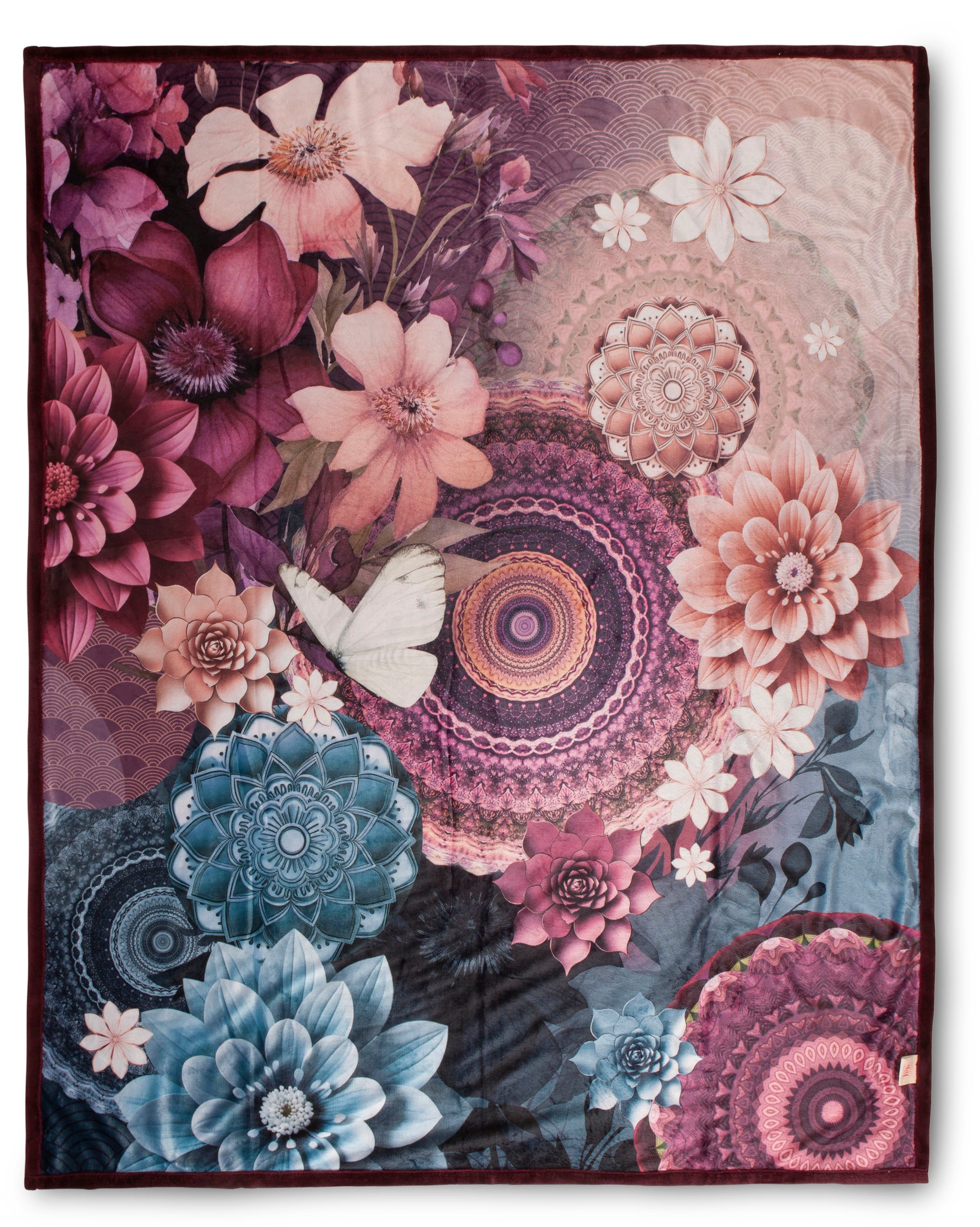Plaid Asher, hip, Weich, Kuscheldecke, 130x160 cm, Wendeoptik, Mandala, Blumen, Bordeaux