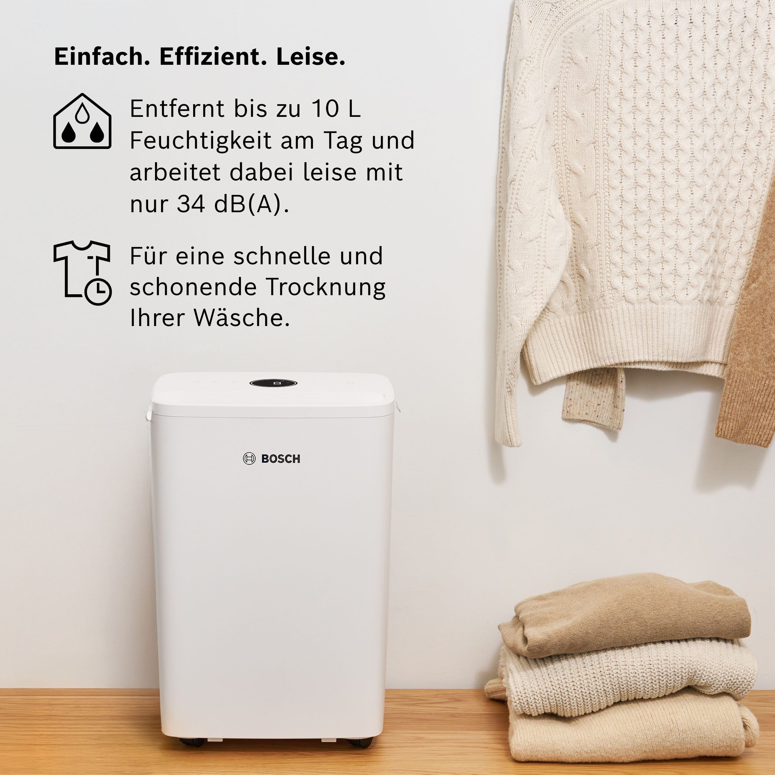BOSCH Luftentfeuchter Dry 1000 - Ideal für die Wohnung & schnelle Trocknung der Wäsche, Entfeuchtung 10 l/Tag, Tank 2,5 l, Ultra-leiser Betrieb; nur 34 dB(A)