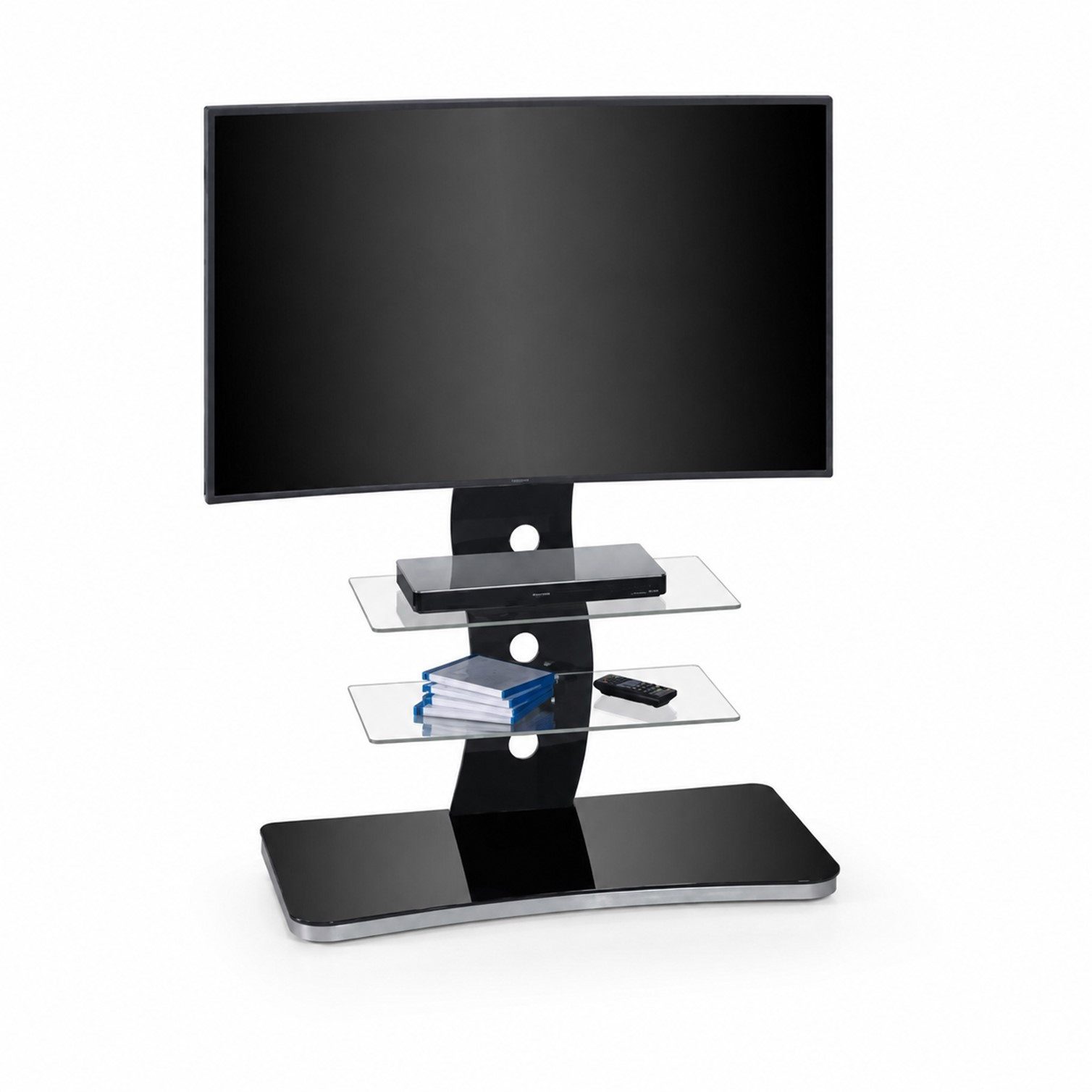 HOOZ TV-Rack TV-Rack Schwarzglas – schwenkbarer TV-Stand mit ESG-Sicherheitsglas (Einzelartikel, TV-Rack inkl. TV-Halterung, Montagematerial und Aufbauanleitung), TV-Rack mit schwenkbarer TV-Halterung und integriertem Kabelmanagement