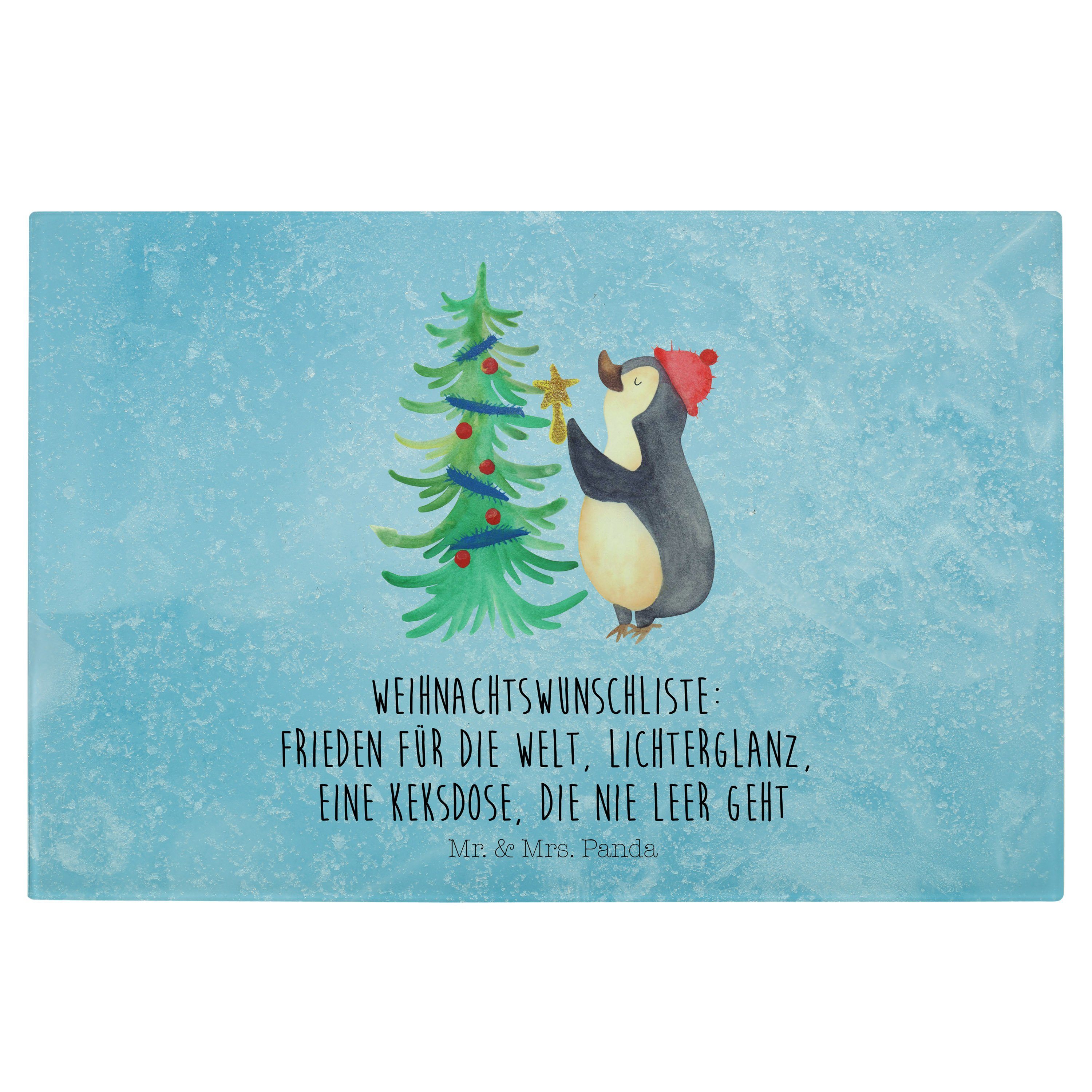 Mr. & Mrs. Panda Servierbrett Pinguin Weihnachtsbaum - Eisblau - Geschenk, Schneidebrett, Wintermot, Premium Glas, (1-St)