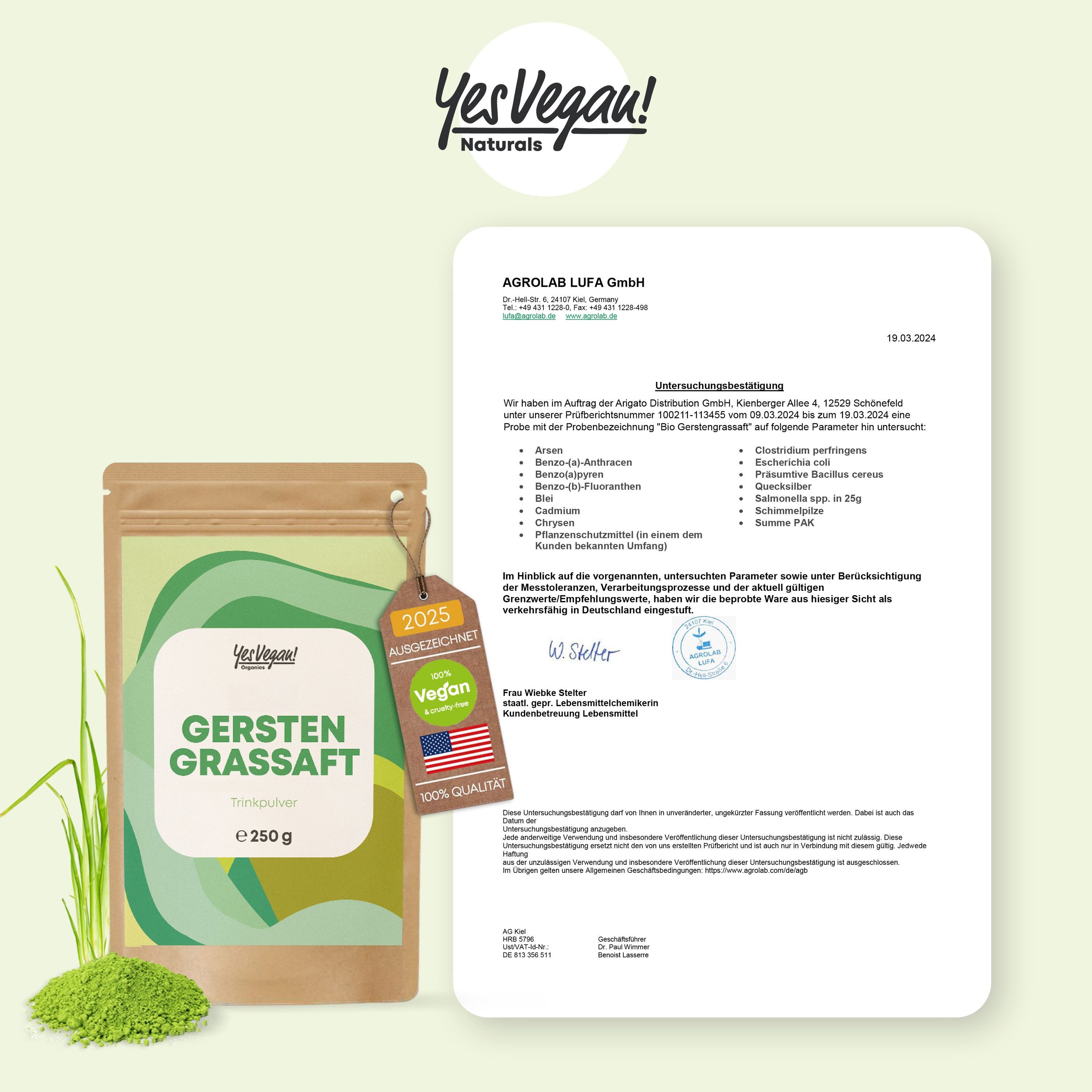 Yes Vegan Gerstengrassaft 100 % sortenrein, aus junger Gerste Pulver, 3 er Spar-Set à 250 g, vegan, laktosefrei