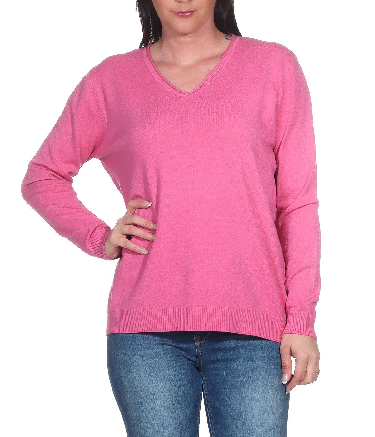 Basic Freizeitpullover Pulli Wintersport Pullover für (1-tlg) den oder Feinstrickpullover Damen Pink für Unterziehshirt Damenmode V-Ausschnitt-Pullover Aurela angenehmer