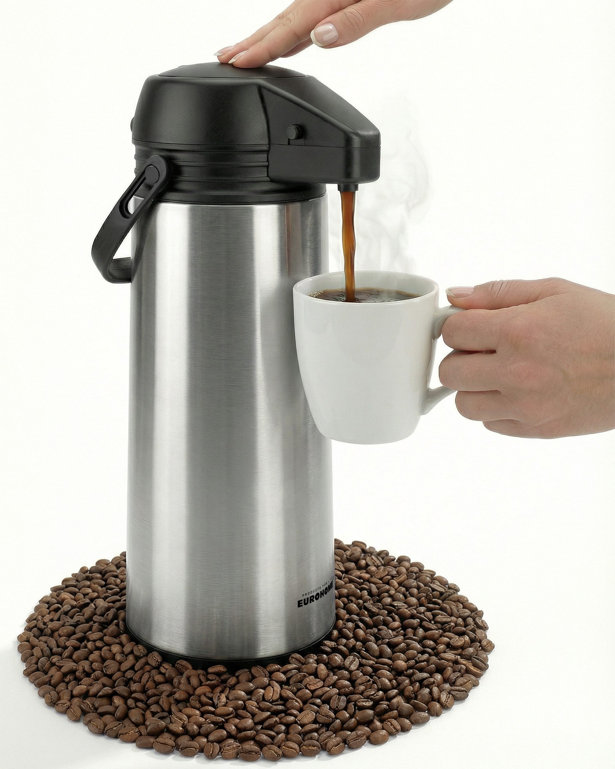 EUROHOME Pump-Isolierkanne Airpot Pumpkanne Edelstahl für 1,9 Liter mit Tragegriff, 1,9 l, (1-St., Thermoskanne 35 cm hoch), Isolierkanne mit Pumpfunktion - Pumpkannen