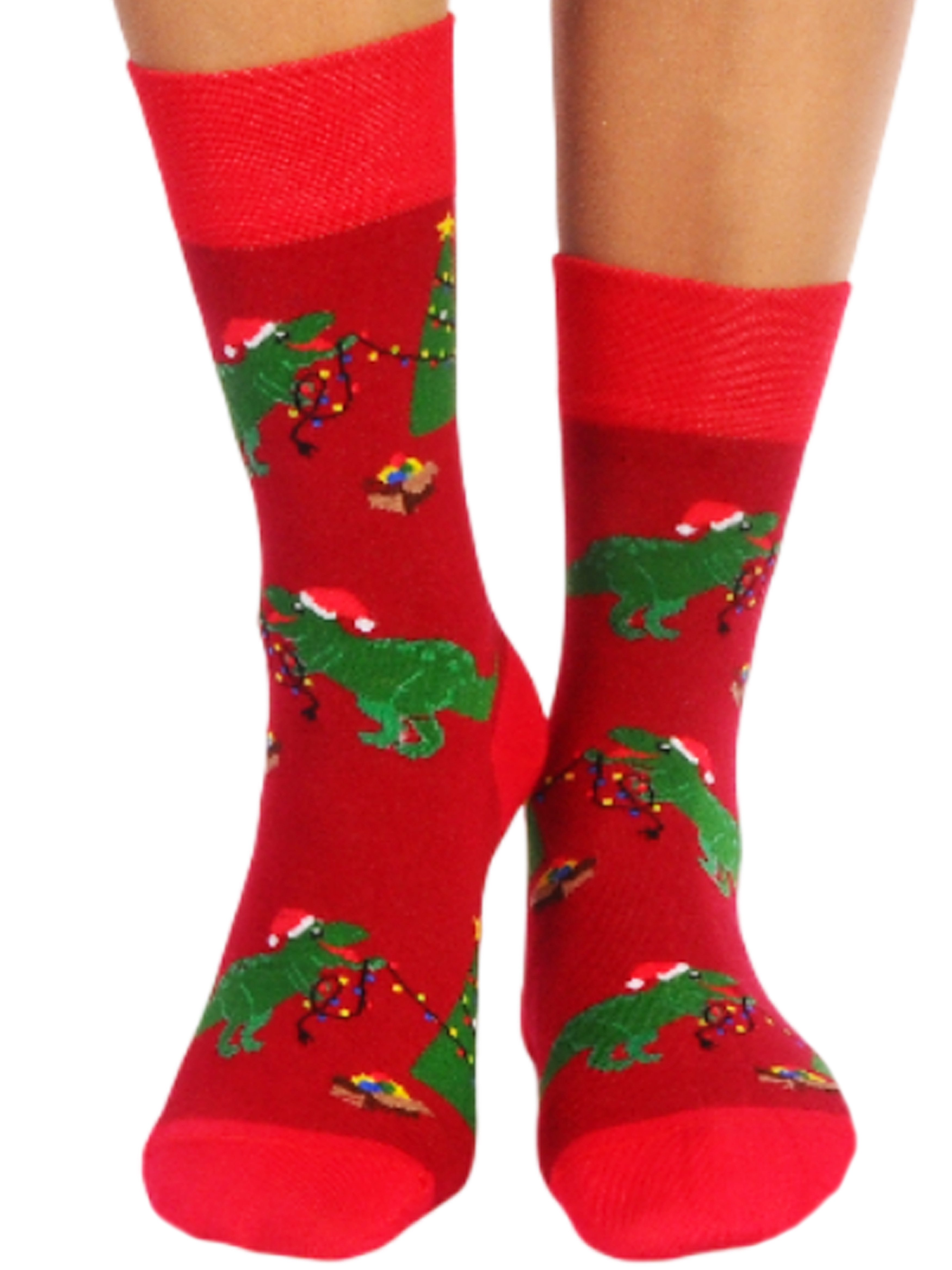 Martinex Socken 1 Paar Socken Strümpfe 27 31 35 38 39 42 43 46 Weihnachtssocken in Rot mit Dinos und Tannenbaum Muster, in Rot, nahtlos, weich